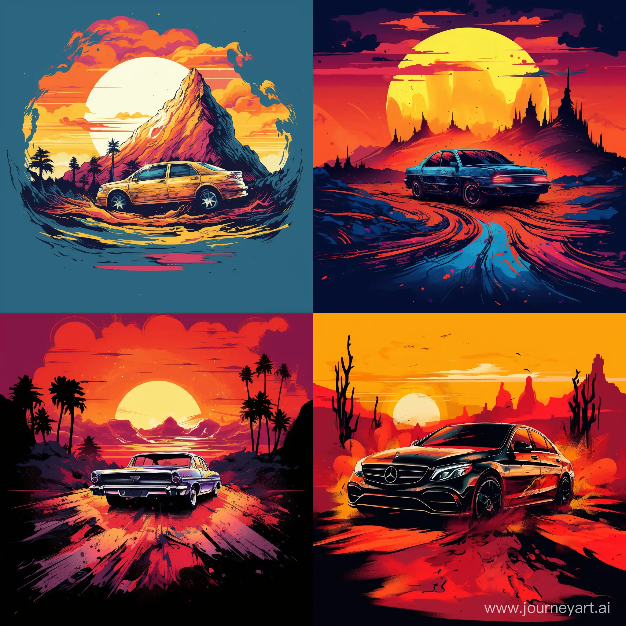 create an image for a car with a sunrise in a splash palette in pixar style having distressed texture in the random designed outline