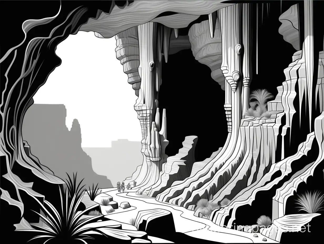 Thomas Cole, Carlsbad Caverns, Coloring Page, black and white, line art, white background, Simplicity, Ample White Space. The background of the coloring page is plain white to make it easy for young children to color within the lines. The outlines of all the subjects are easy to distinguish, making it simple for kids to color without too much difficulty