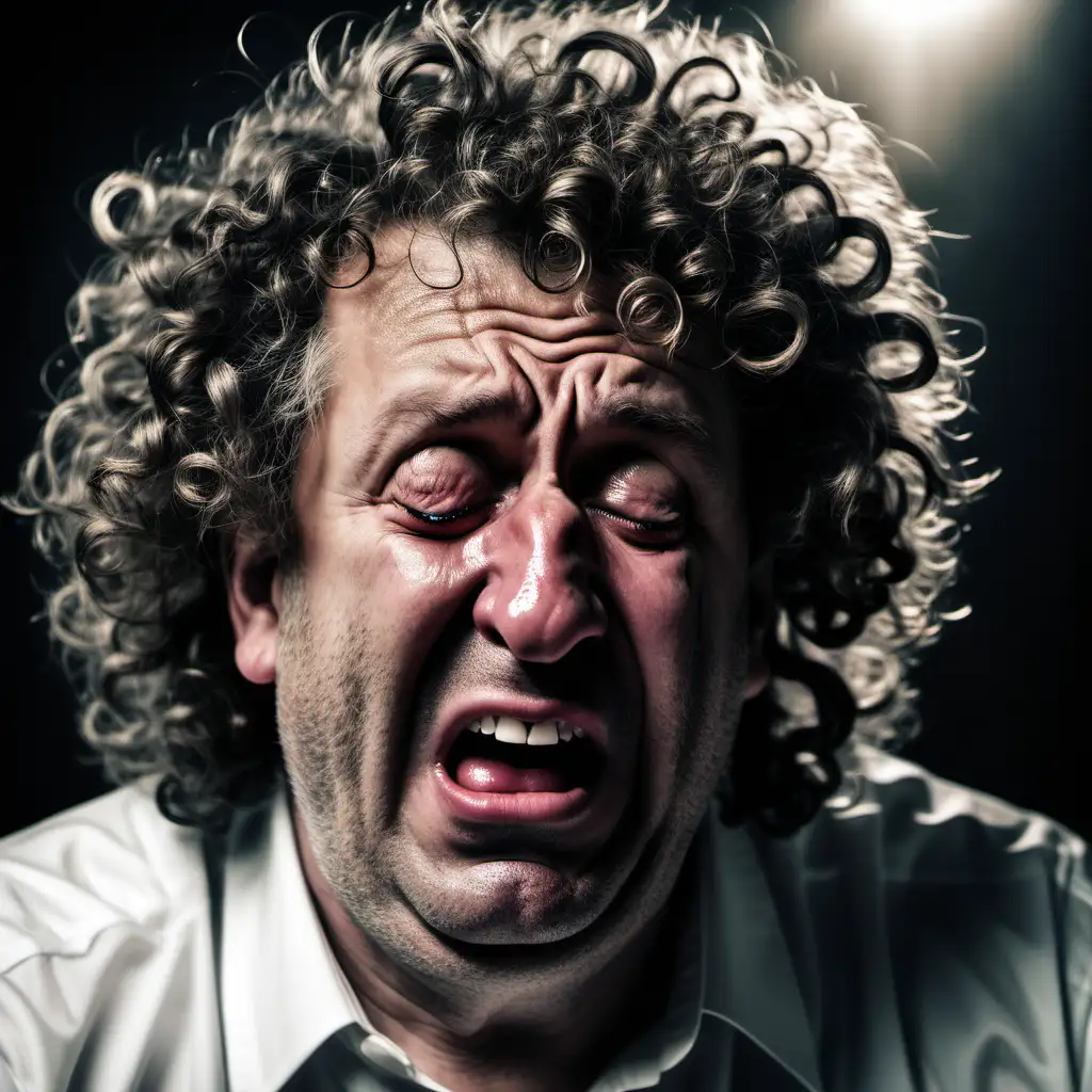 MiddleAged Man with Large Curly Hair and Big Nose Expressing Deep Emotion