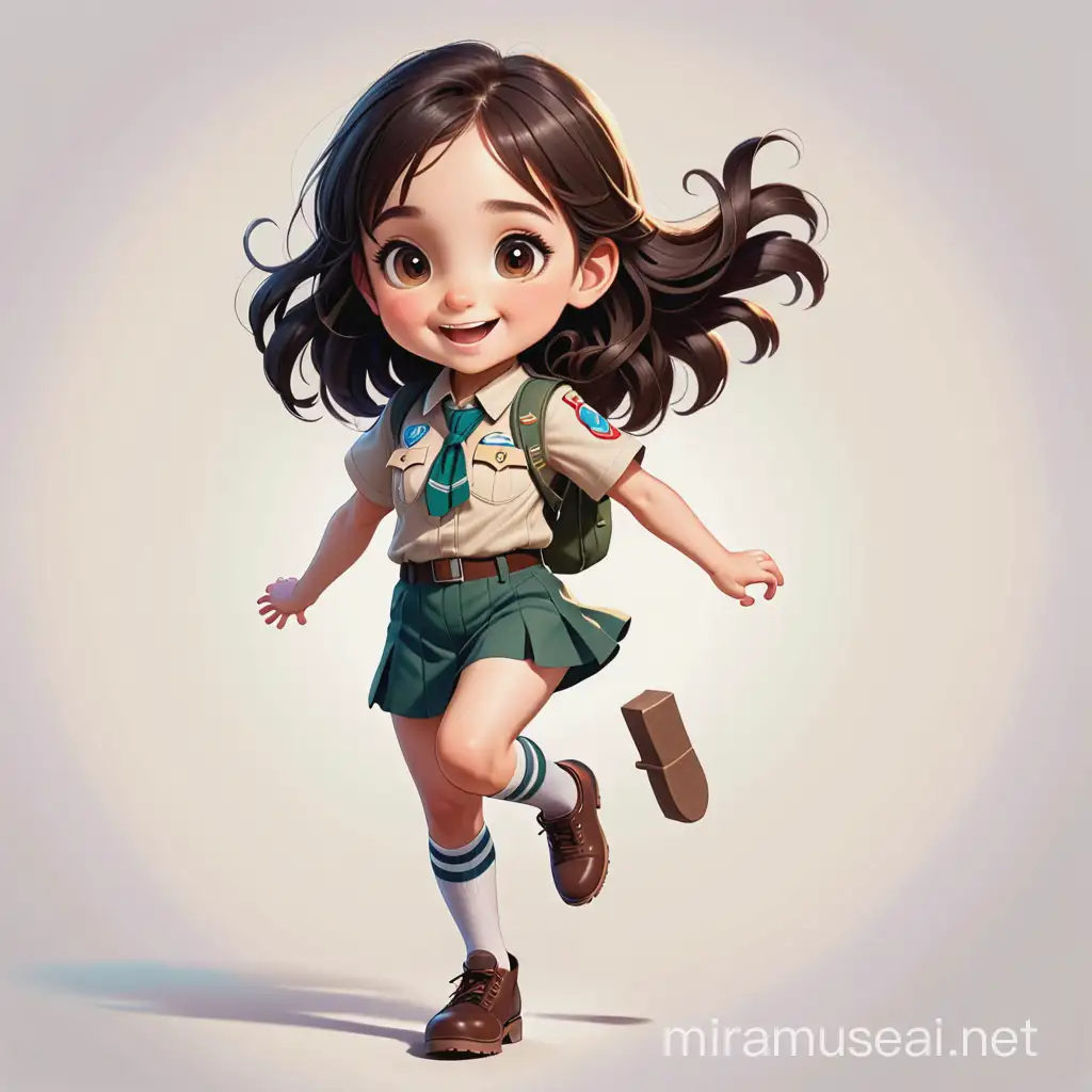 a very happy and jumping female kid have 10 years old , she have a medium long dark brown soft hair , big dark brown eyes, round face, light skin , scout uniform, show the full body of her, make , cartoon type .


