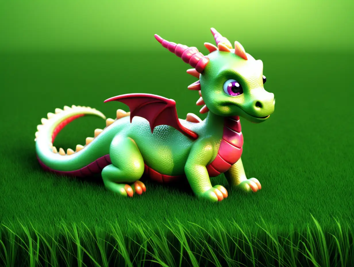 Adorable Sweet Dragon Relaxing on Lush Green Grass