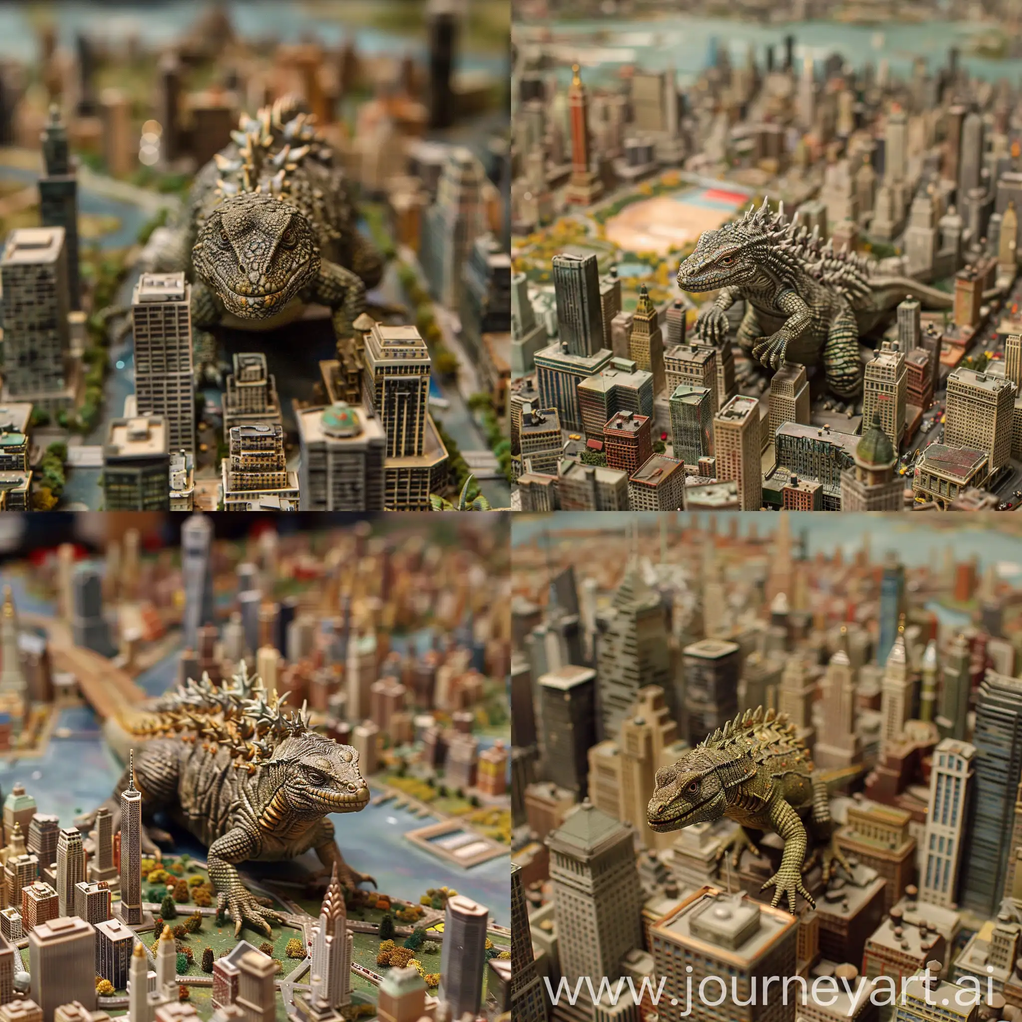 Un lagarto en medio de una maqueta de la ciudad de New York en miniatura, como si fuera Godzilla, hiper detallado