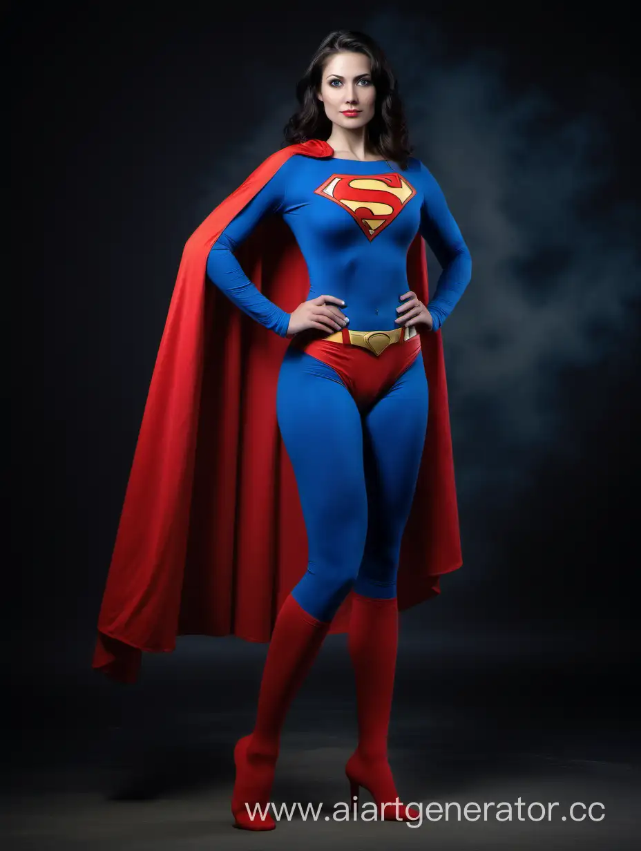 A pretty woman with dark hair, age 29, She is confident and strong. She is very fit. She is wearing a Superman costume with (blue leggings), (long blue sleeves), red briefs, and a long flowing cape. Her costume is made of very soft cotton fabric. The symbol on her chest is made of fabric and has no black outlines. She is posed like a superhero, strong and powerful. Bright photo studio. Superman The Movie.