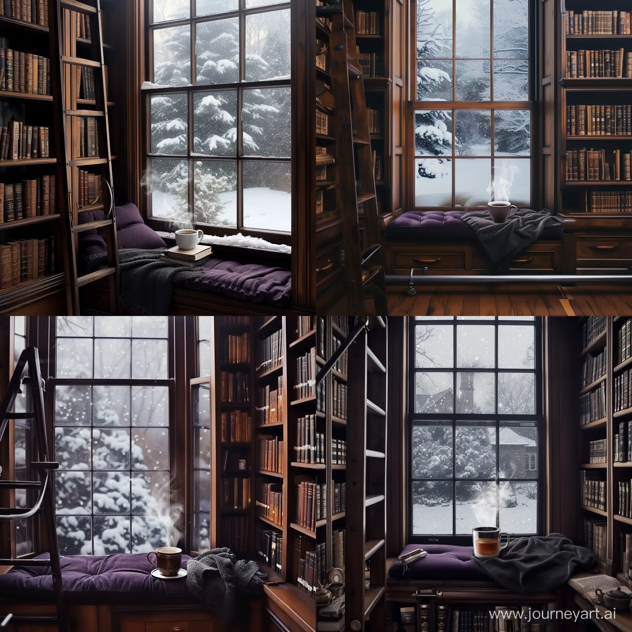 A Victorian inspired multi level library room with dark wood shelves, a rolling ladder, and a large picture window. The window seat is cushioned in dark purple and has a dark grey throw blanket. A steaming mug of tea sits on the window itself along with an open book. Outside is a winter wonderland of softly falling snow.