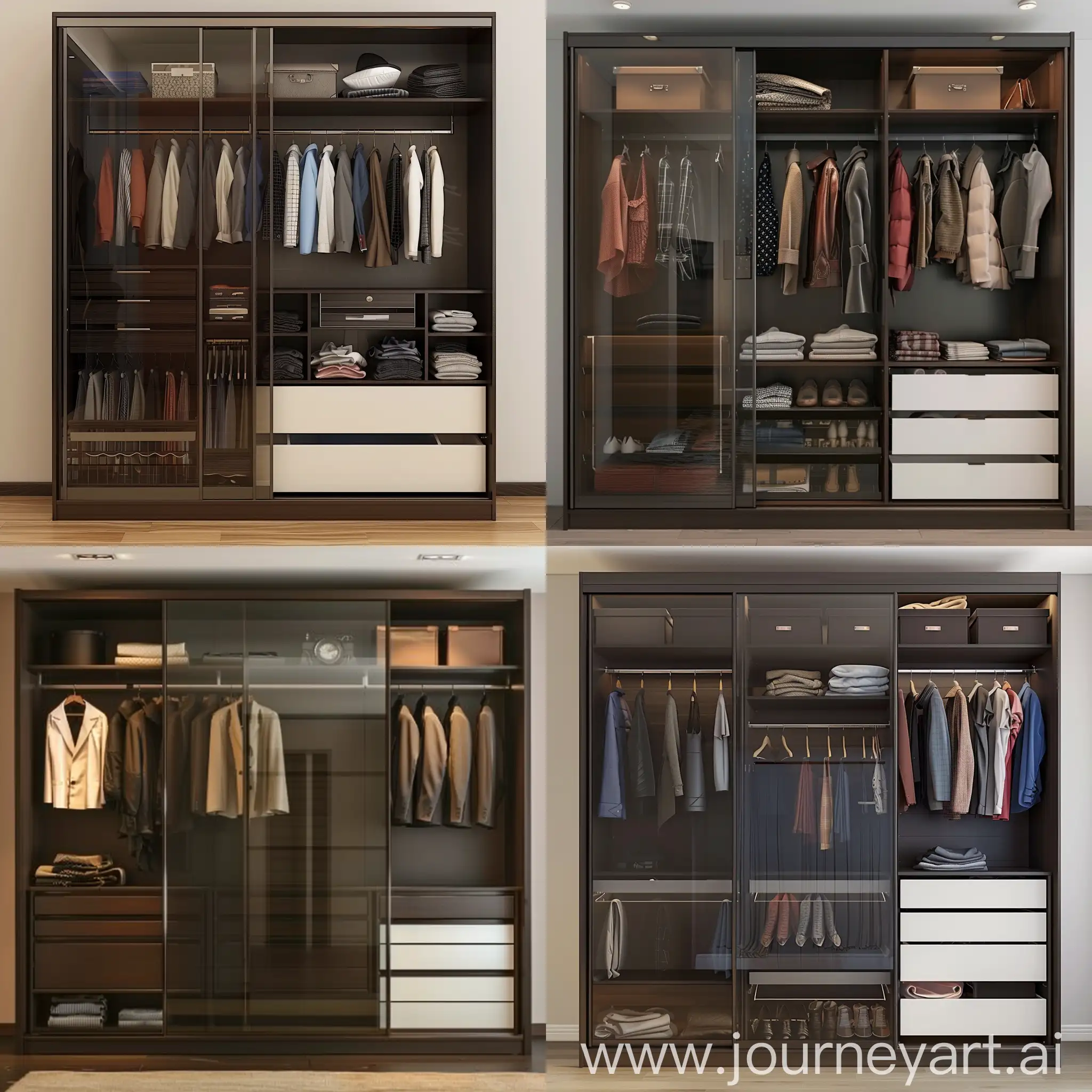 Dark-Brown-Sliding-Glass-Wardrobe-with-Upper-Clothes-Sections-and-White-Drawers