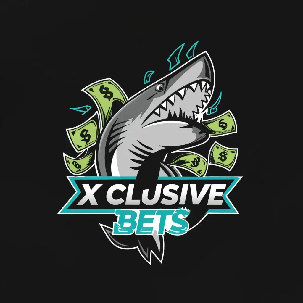 a logo design,with the text "Xclusive Bets is the title of the logo for the business", main symbol:Xclusive Bets is the title of the logo for the business. I need a shark with money around it and in its mouth. To look dominant and aggressive,complex,clear background