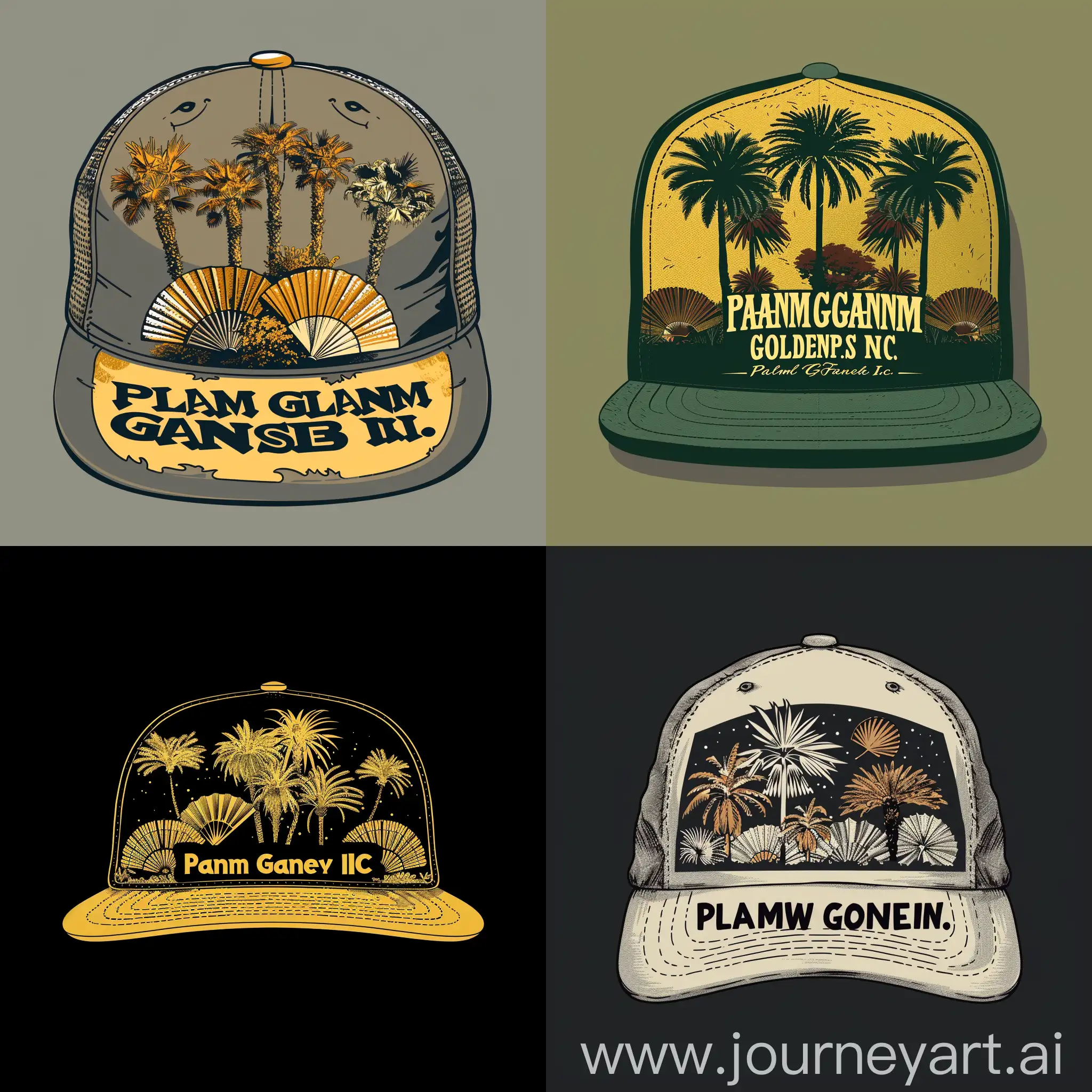 a hat logo for a tree farm that is called "Palm Gardens Inc.". Please incorporate sabal palm trees, Mediterranean fans and date palms
