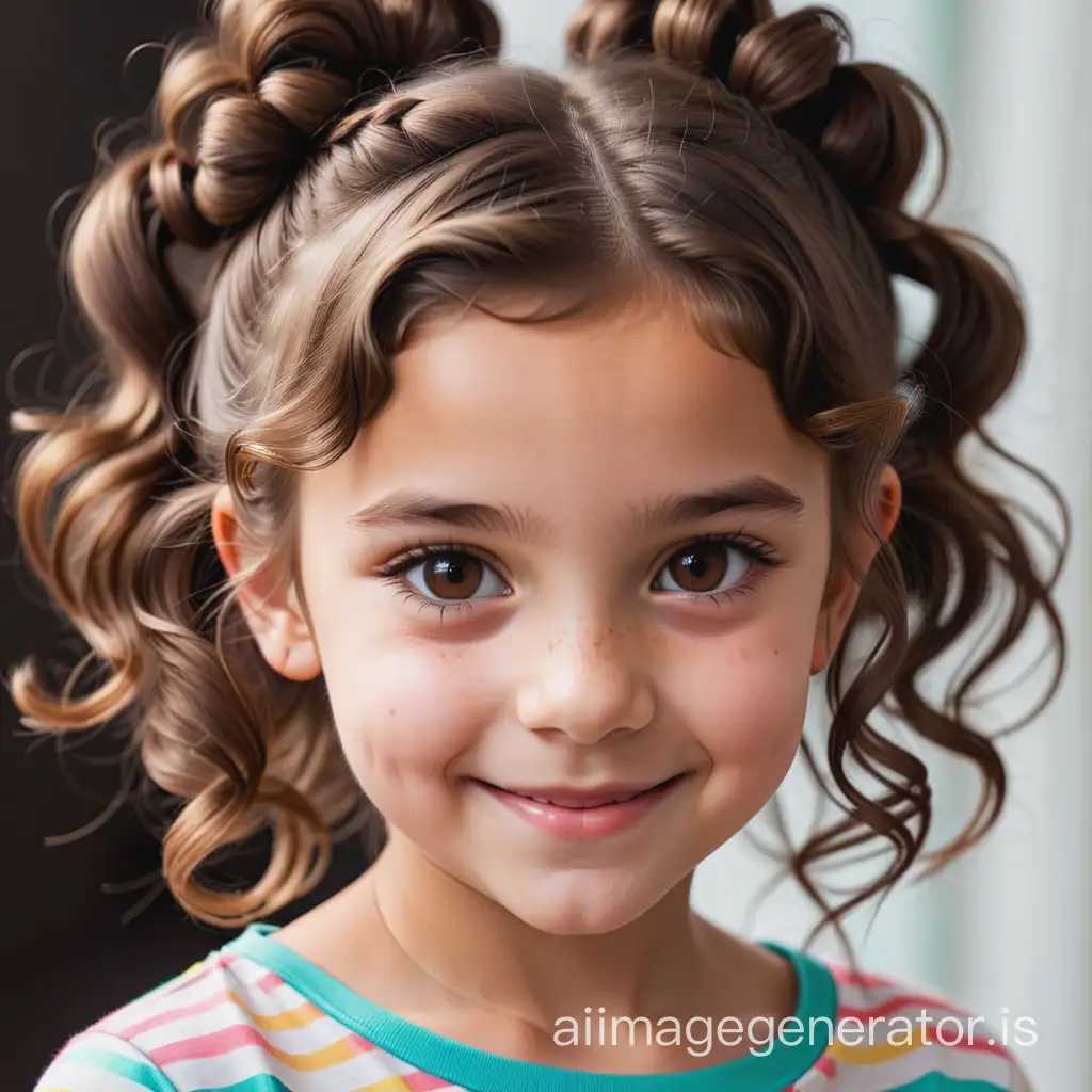 11-year-old girl with funny hairstyle, dimples, brown eyes, brown wavy hair