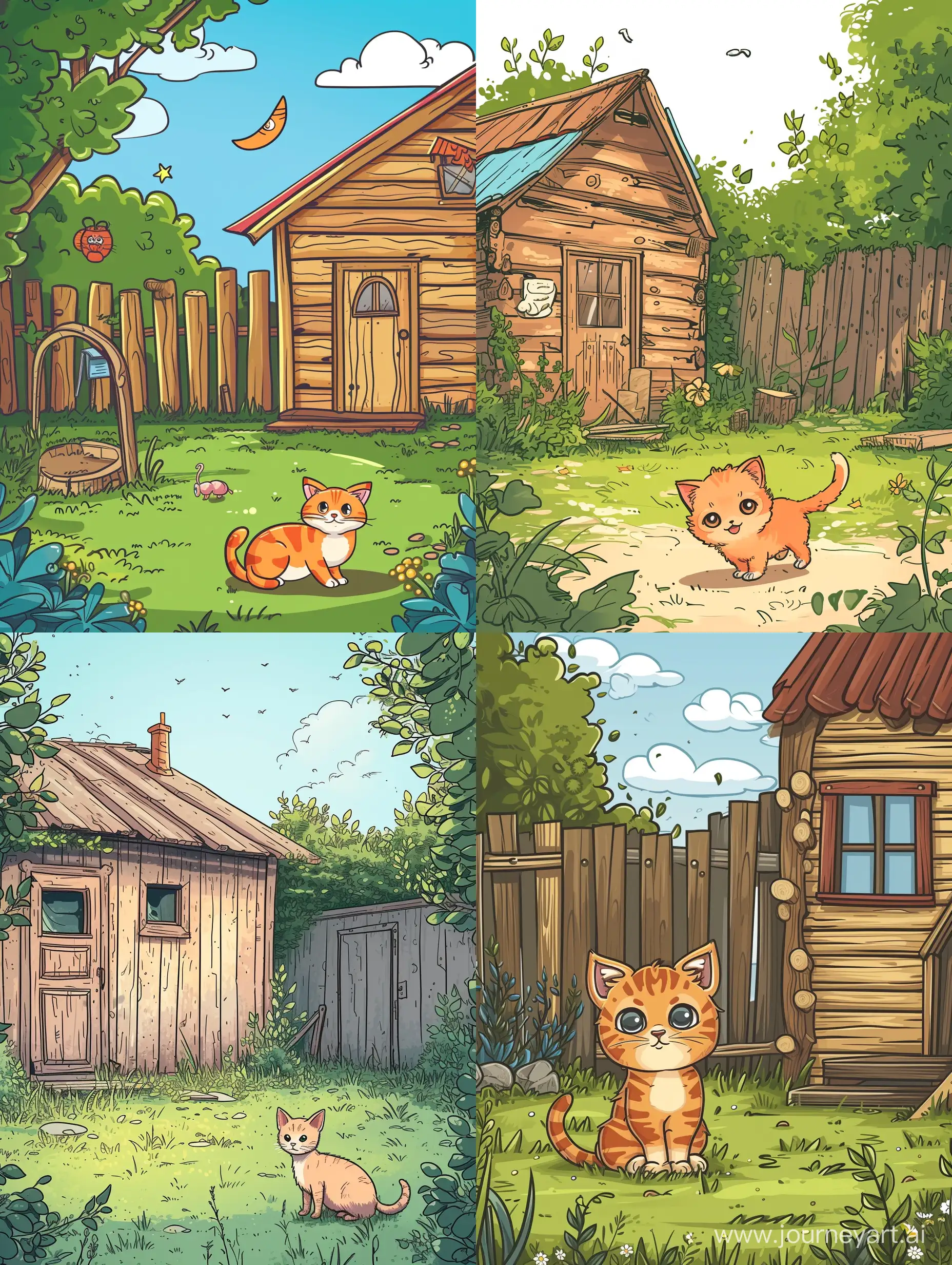 нарисуй милую вертикальную картинку в мультяшном стиле с милым котенком во дворе деревянного дома с разными мелочами