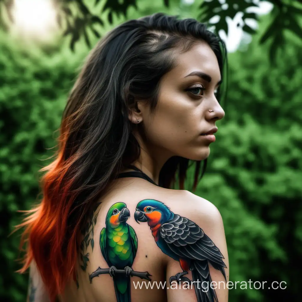 Exquisite-Black-Tattoo-Featuring-a-Small-Parrot-Bird-on-a-Beautiful-Girl-Amidst-Lush-Greenery