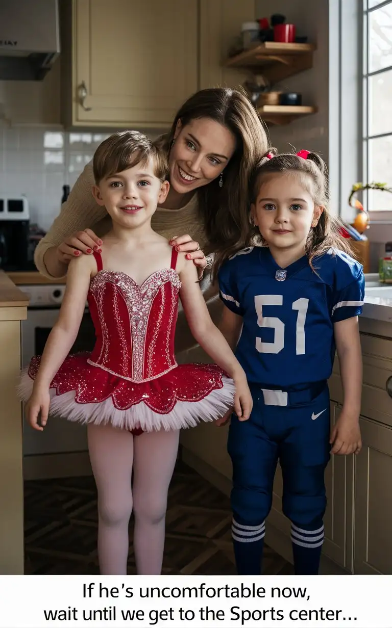 Gender role-reversal, Photograph of a mother dressing her young son, a boy age 6, up in cherry red ballerina sparkly corset with bells on and a frilly tutu dress, and she is dressing her young daughter, a girl age 5, up in a blue football uniform, in a kitchen for fun, adorable, perfect children faces, perfect faces, clear faces, perfect eyes, perfect noses, smooth skin, the photograph is captioned “if he’s uncomfortable now, wait until we get to the sports centre…”