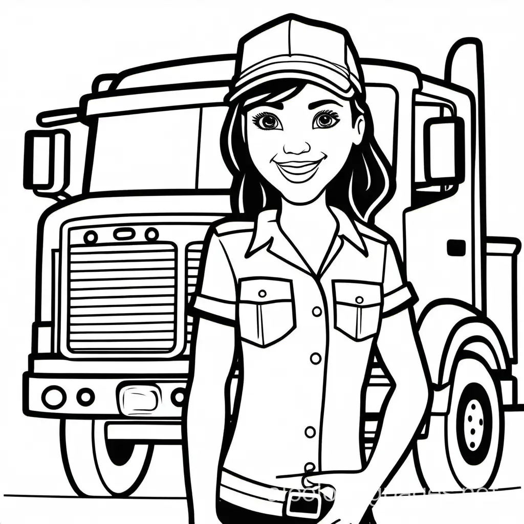 a friendly girl truck driver, Coloring Page, black and white, line art, white background, Simplicity, Ample White Space. The background of the coloring page is plain white to make it easy for young children to color within the lines. The outlines of all the subjects are easy to distinguish, making it simple for kids to color without too much difficulty