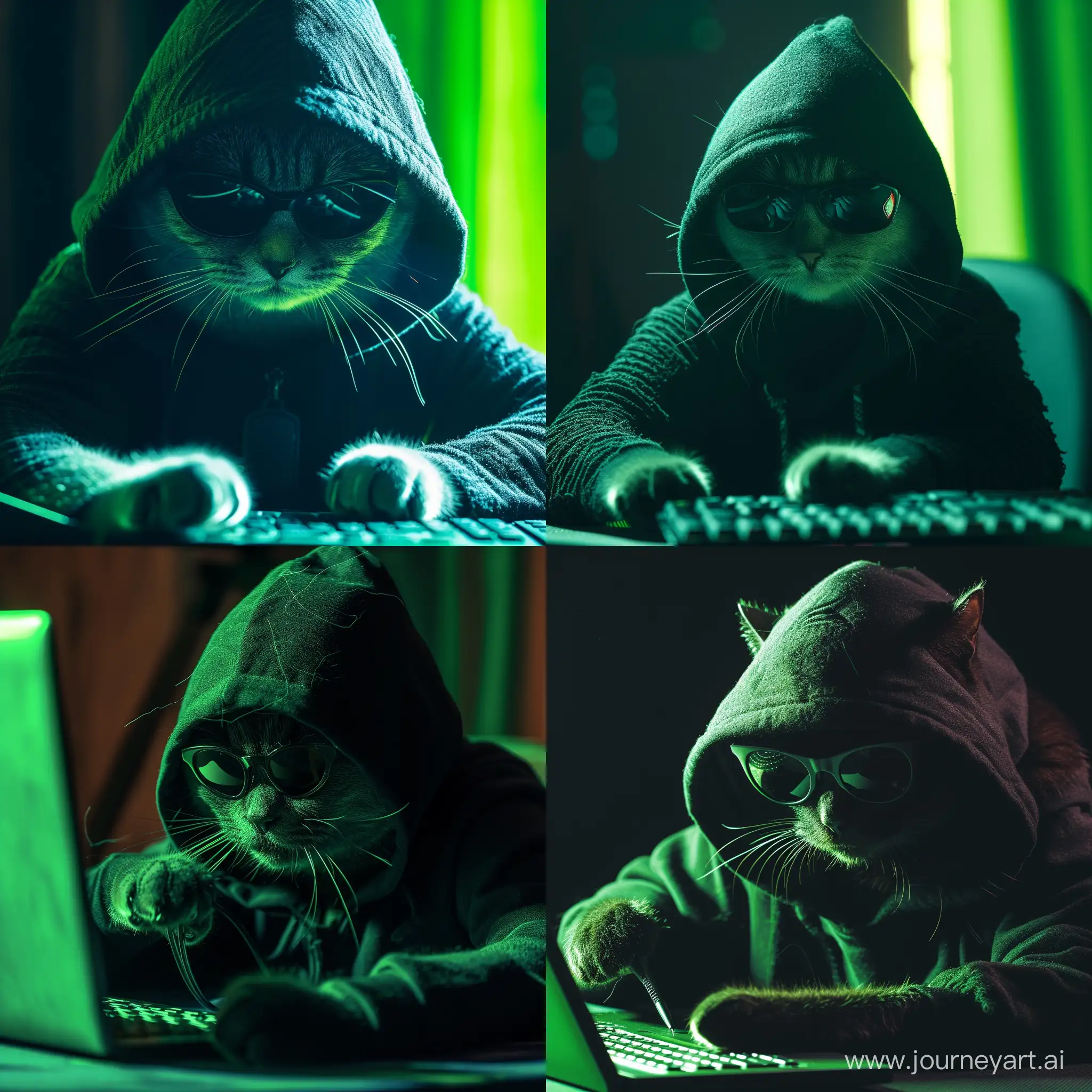 Cat hacker in black hood  sitting an the table and hacking , sun black glasses, green lighting