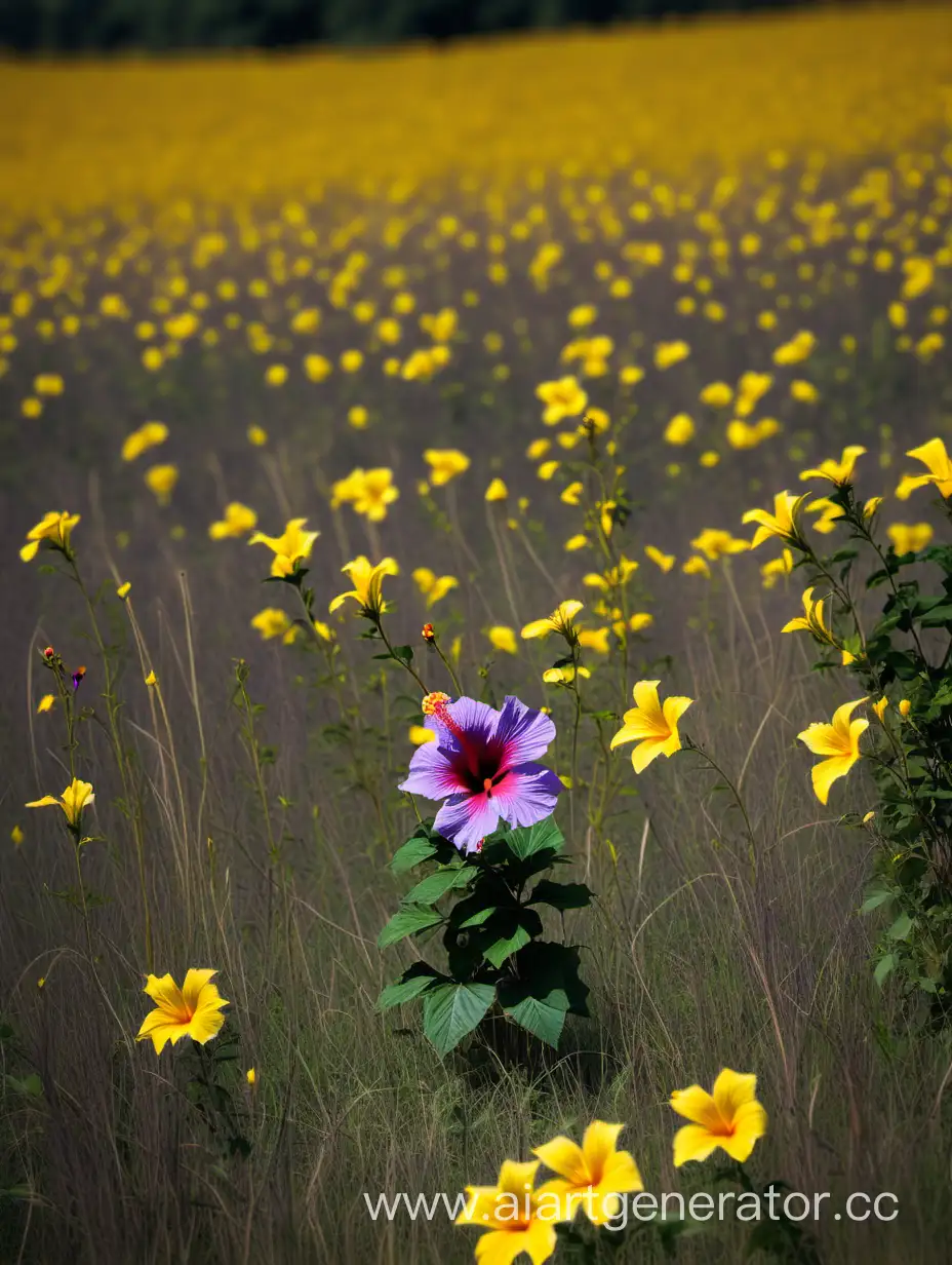 Цветок , гибискус фиолетовый растущий в поляне среди сотни других цветов жёлтого цвета , отличается от других, фото сделано из далека но