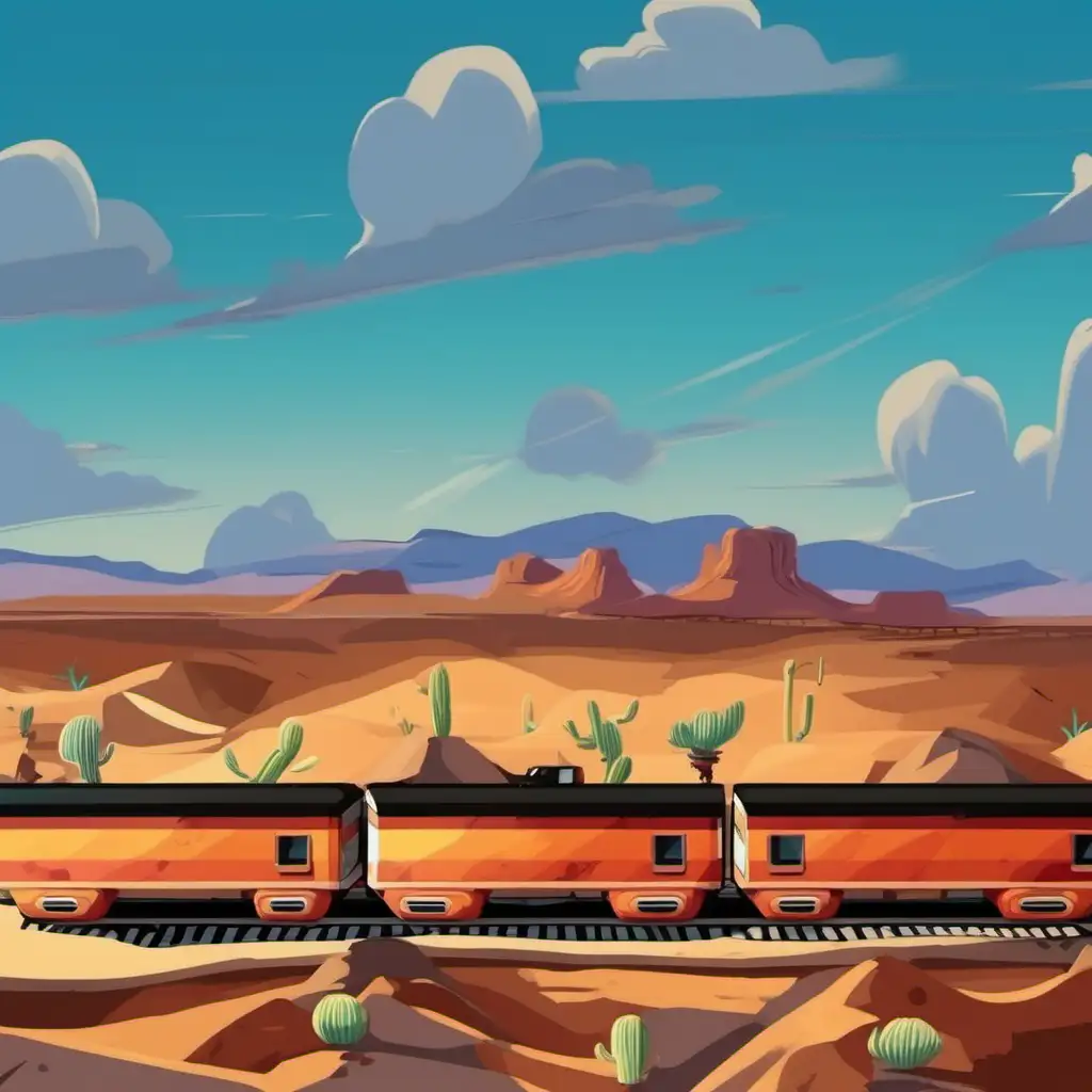 Cartoony color. Train and Landscape in the desert ...high angle