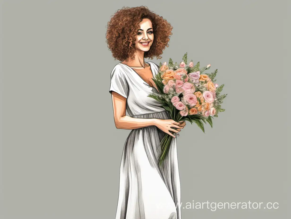 Curly-Haired-Mother-Holding-Bouquet-of-Flowers-in-Realistic-Acrylic-Fashion-Drawing