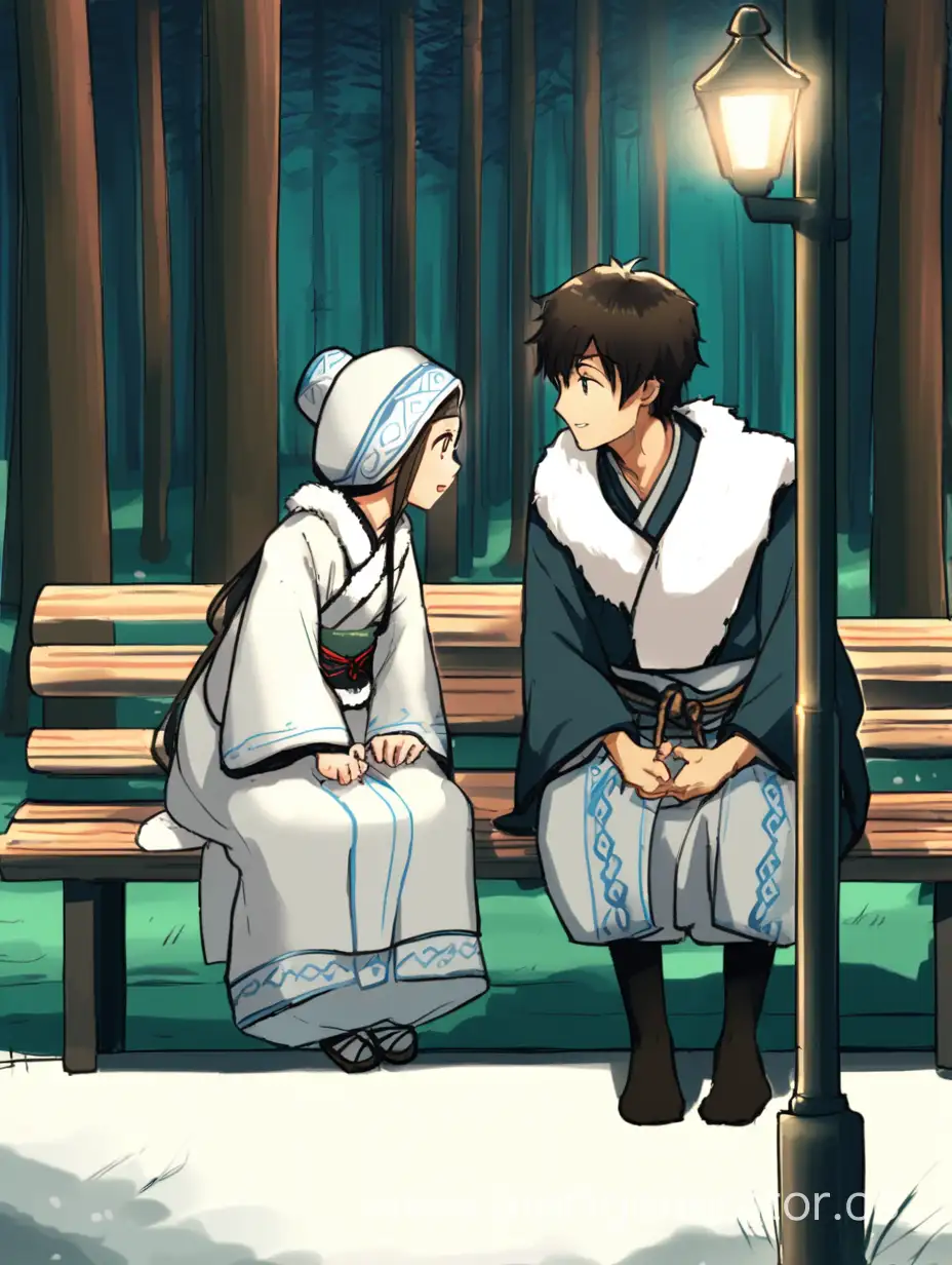 девочка и мальчик якуты, в национальной якутской одежде разговаривают между собой в парке, сзади них сосновый лес, скамейки и уличные фонарные столбы