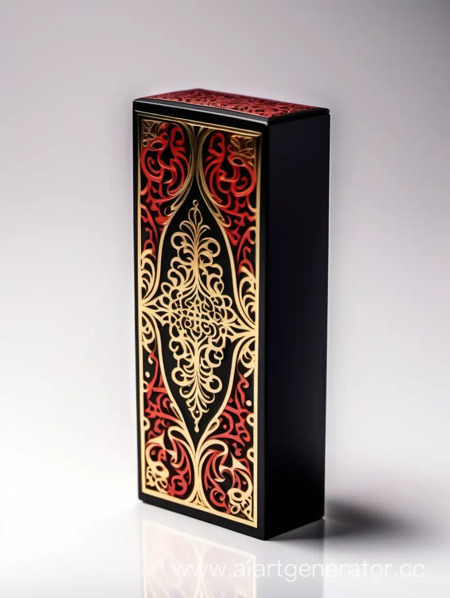  dark matt black and gold Red luxury perfume rectangle vertical box 75% lines with arabesque pattern on white background