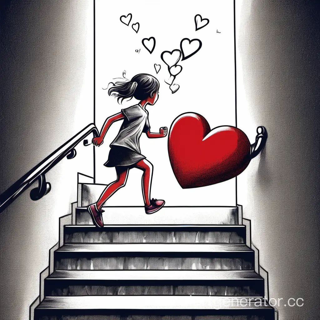 Девушка бежит по лестнице а на последней ступени находится сердце