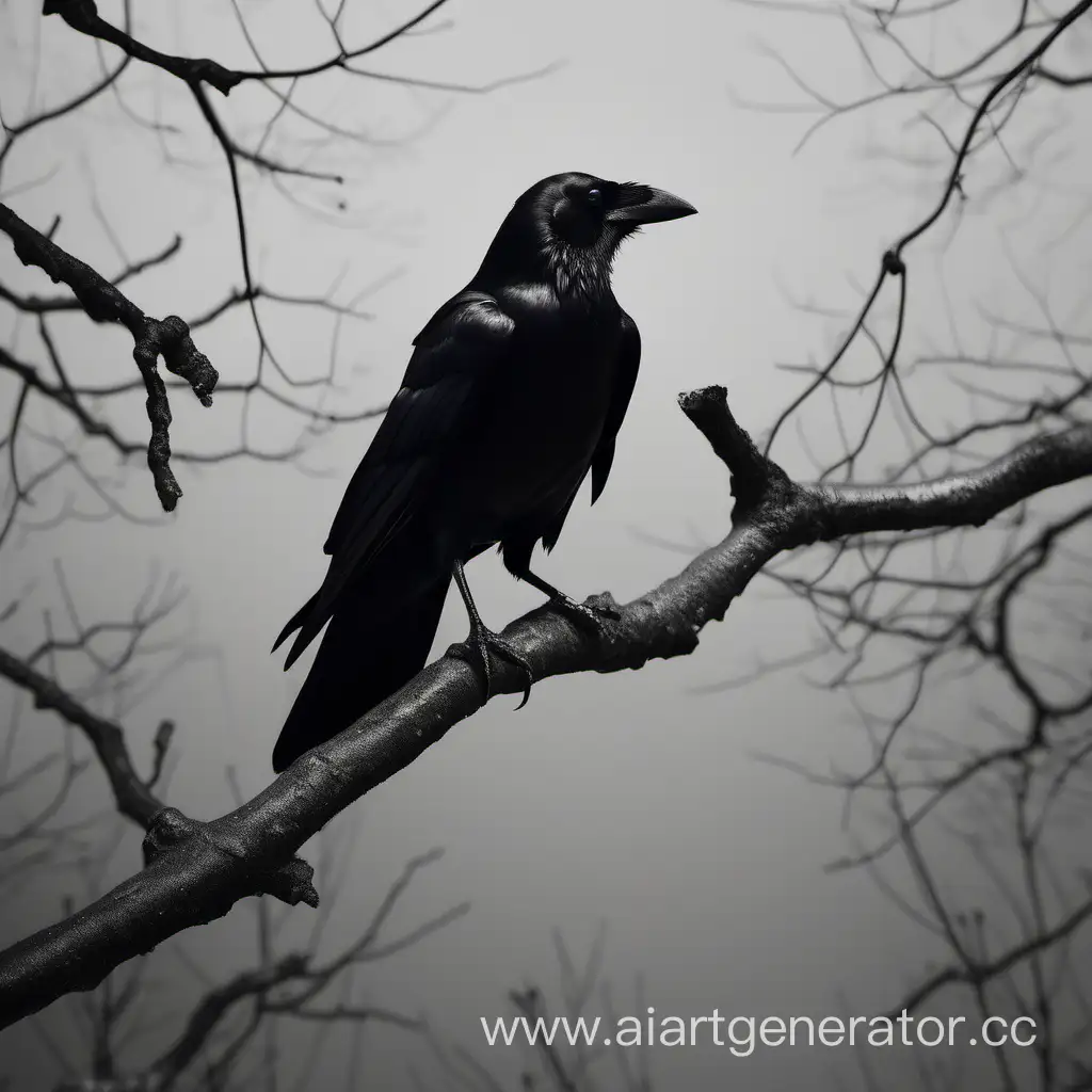 Полностью чёрный ворон сидящий на полностью чёрной ветке.