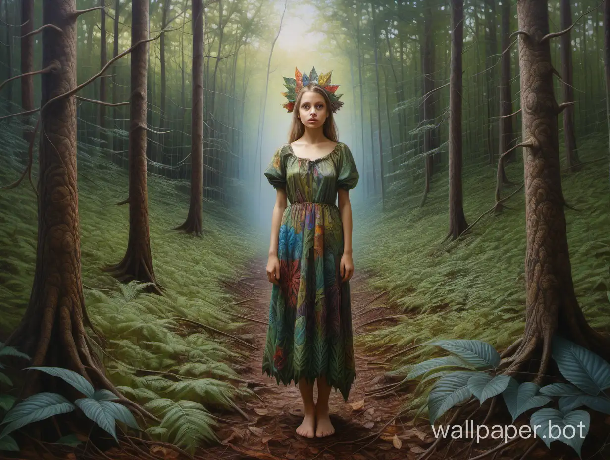 Imagine a girl in the forest, full-length, dressed, stunning full-color images, canvas, oil, Greg Rutkovsky, sharp focus, studio photo, front view, complex details, high detail