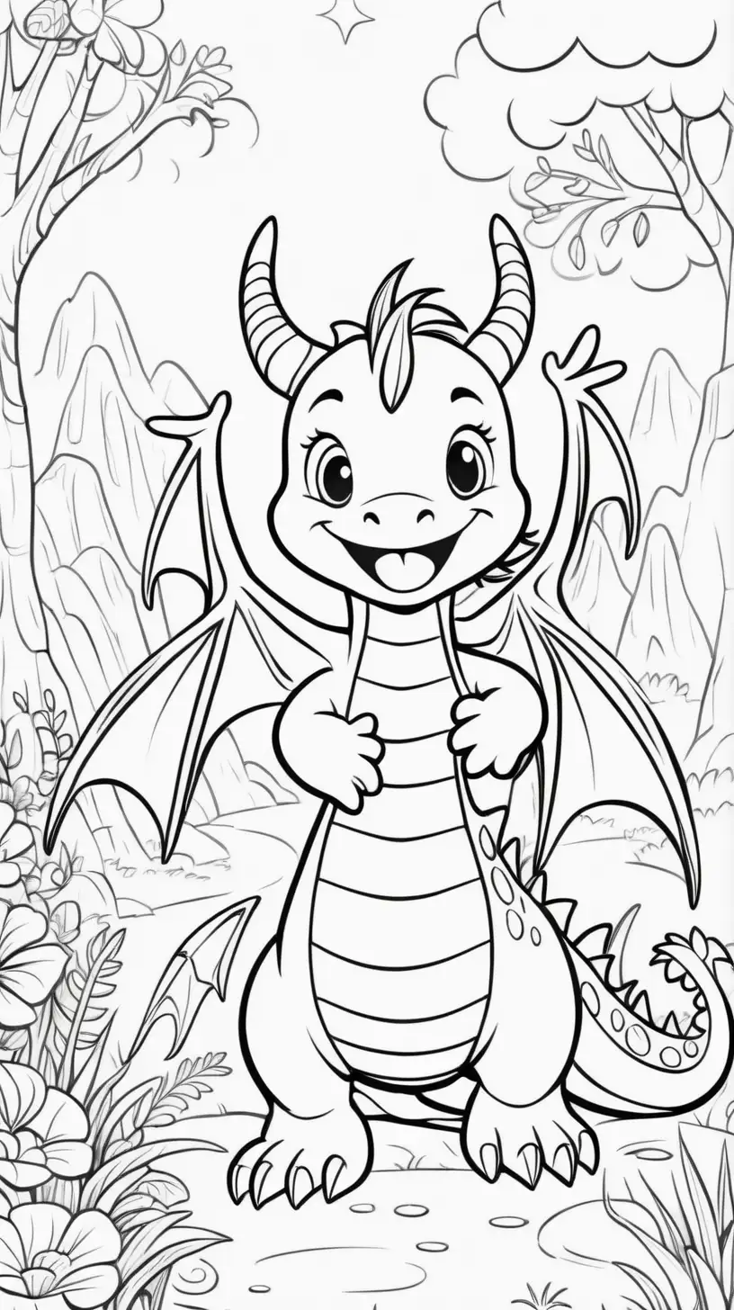 Coloring Page Cute Happy Dragon in a Magical Land