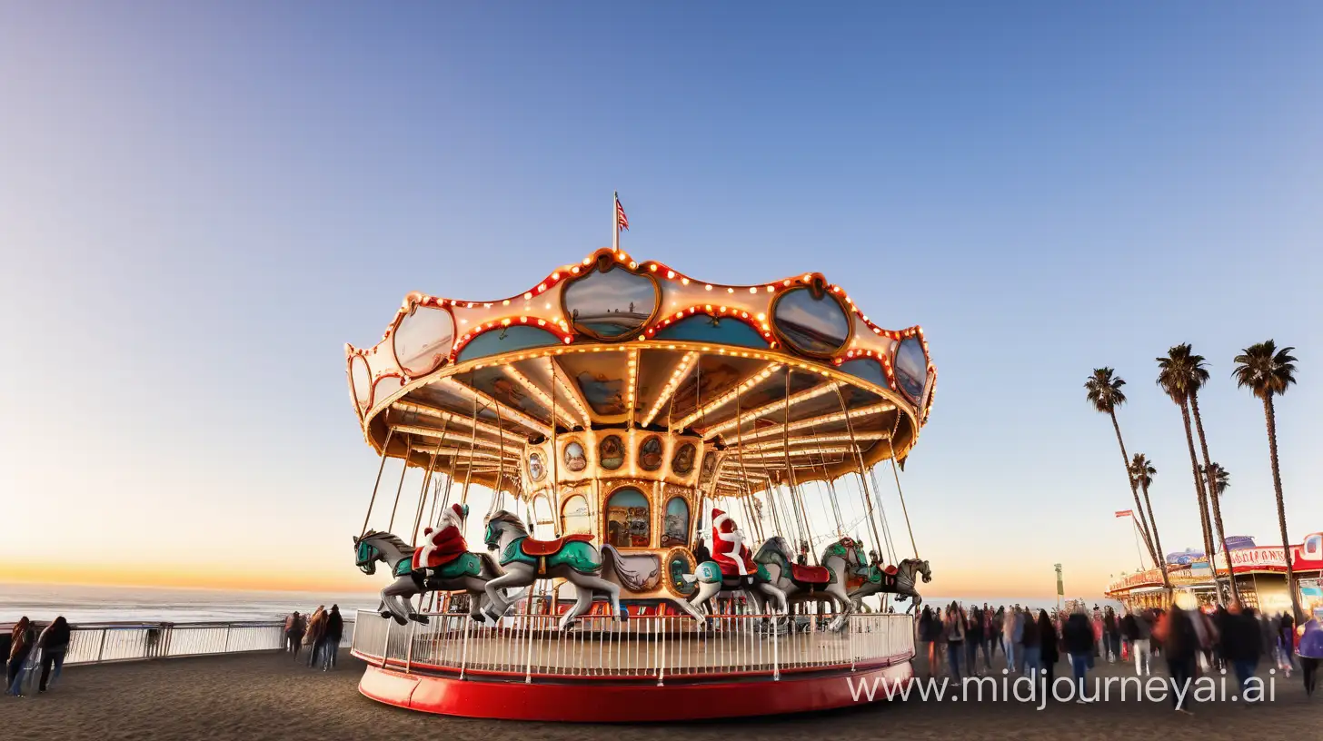 Swirling Carousel against Santa Monica Pierr in background while Santa Clause is flying over