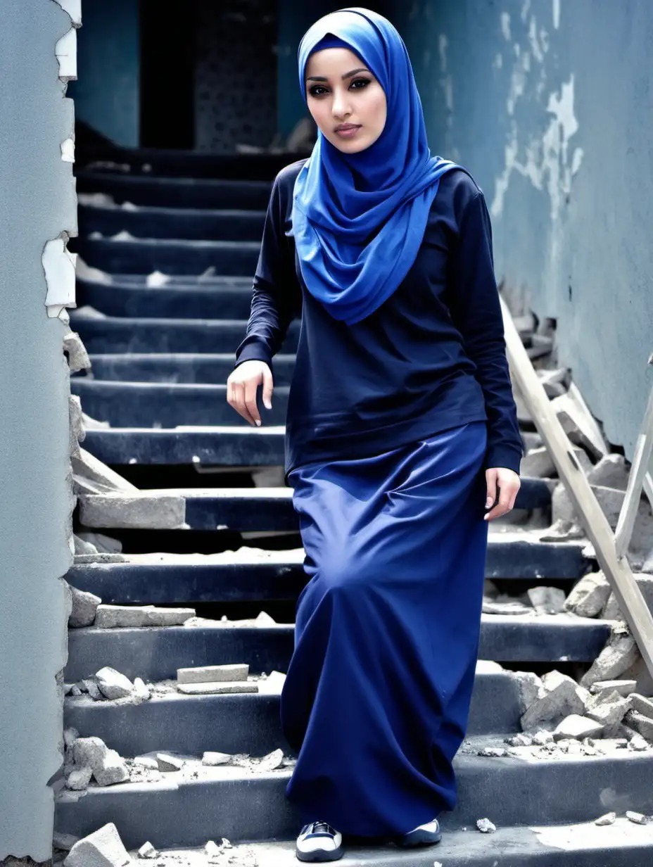 Hijab working lady, dark blue work clothes, headscarf, 1.50 tall, wide hips, on the stairs of a ruined house, ugly