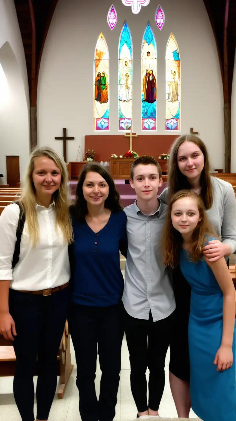 Image of Margarat, 42, Emily, 25, Michael, 23, Sarah, 21, and Lily, 15, attending church together, symbolizing their unity in faith.