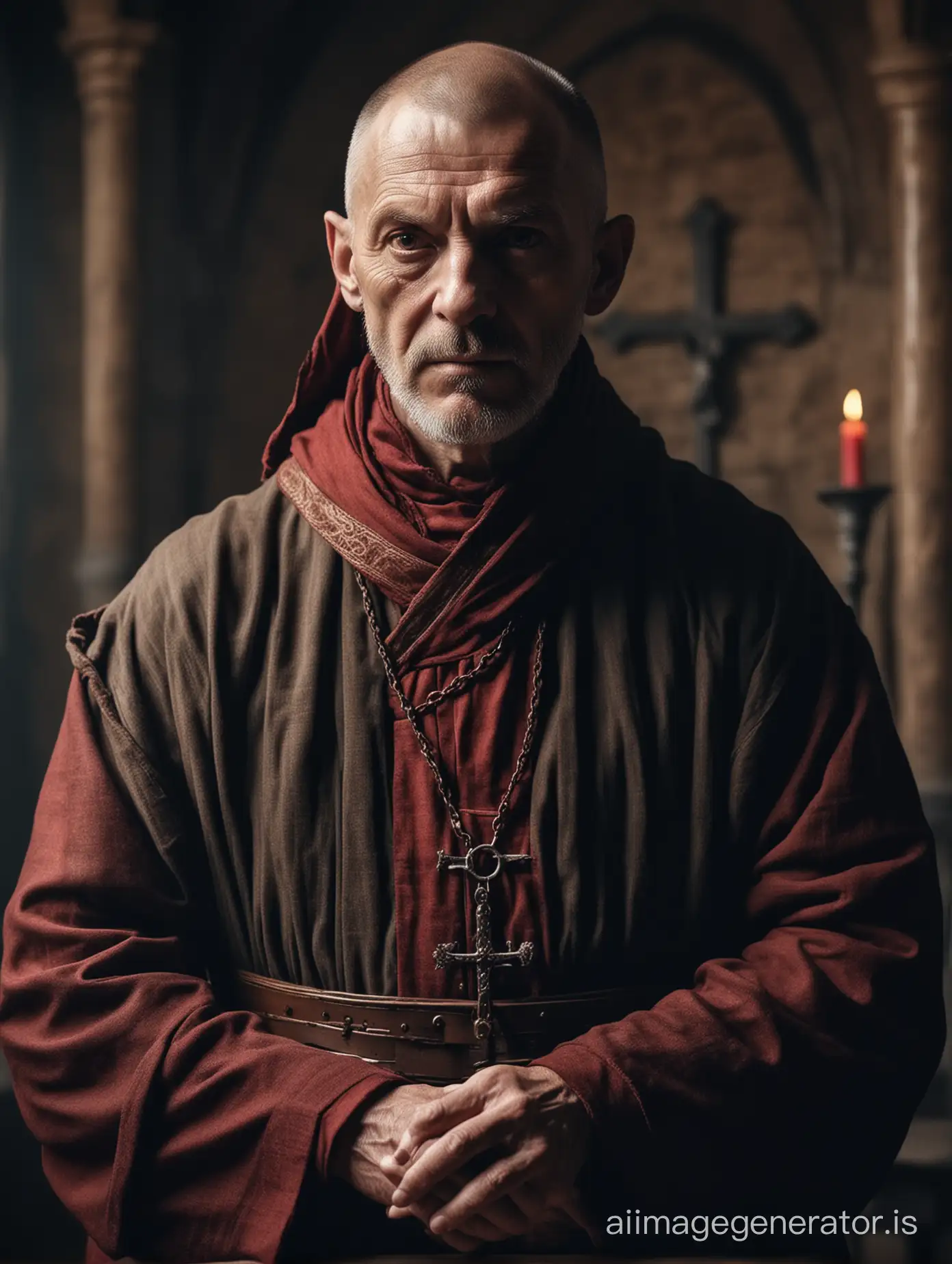 
portrait d'un moine inquisiteur de 60 ans, dans un monastère au moyen âge. sanguinaire et spécialisé dans la torture, dans le style du film LE NOM DE LA ROSE