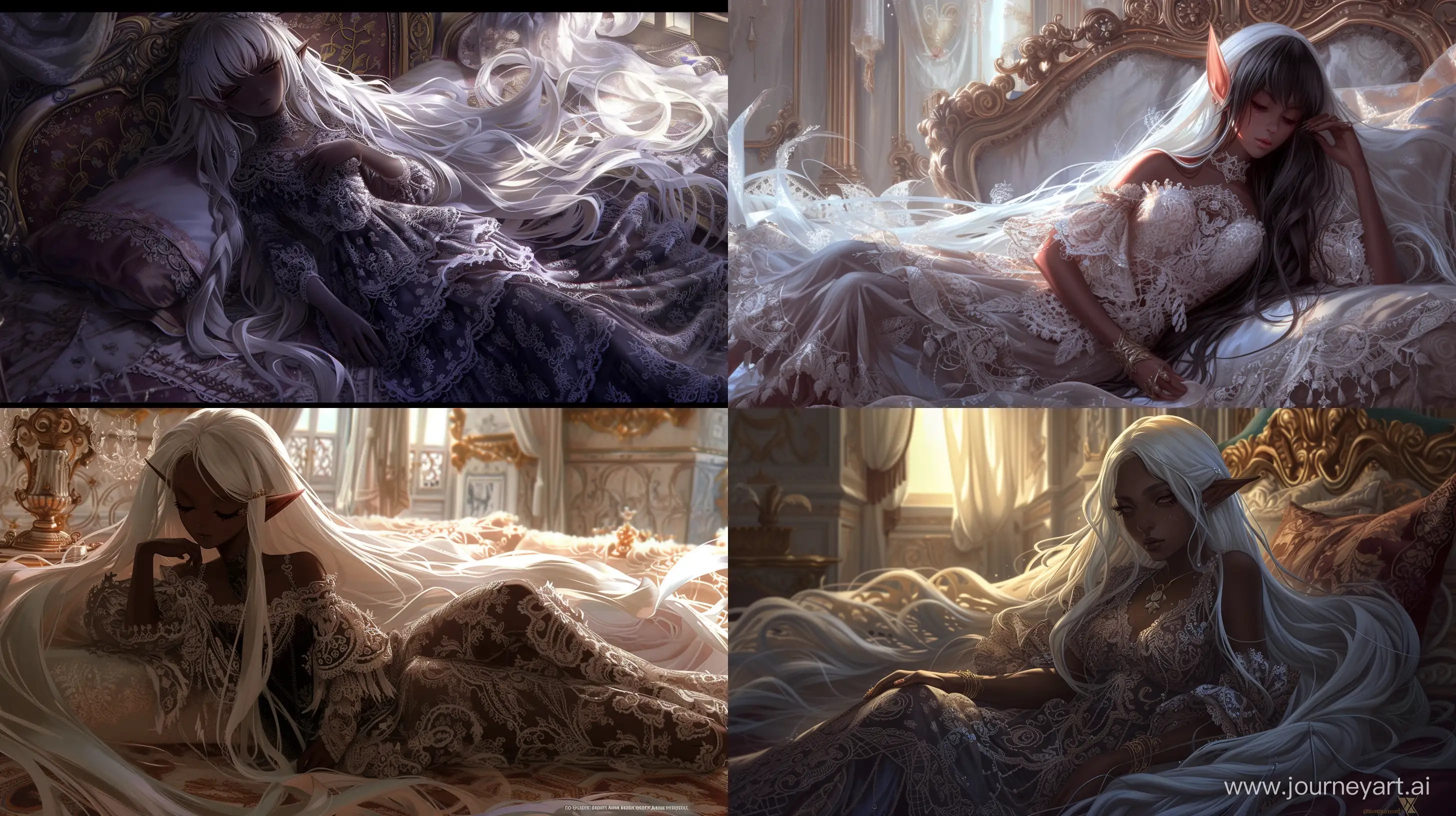 A digital painting of a dark-skinned anime elf girl, wearing an intricate lace dress, with long flowing white hair, lying down in an opulently decorated bedroom. The room is bathed in soft, romantic, cinematic mood lighting, highlighting the textures of her dress and the softness of her hair. Created Using: detailed anime style, intricate lace textures, soft lighting effects, richly decorated room, cinematic mood, high-quality rendering, attention to fabric details, masterpiece quality, X prompt, hd quality, natural look --ar 16:9 --v 6.0