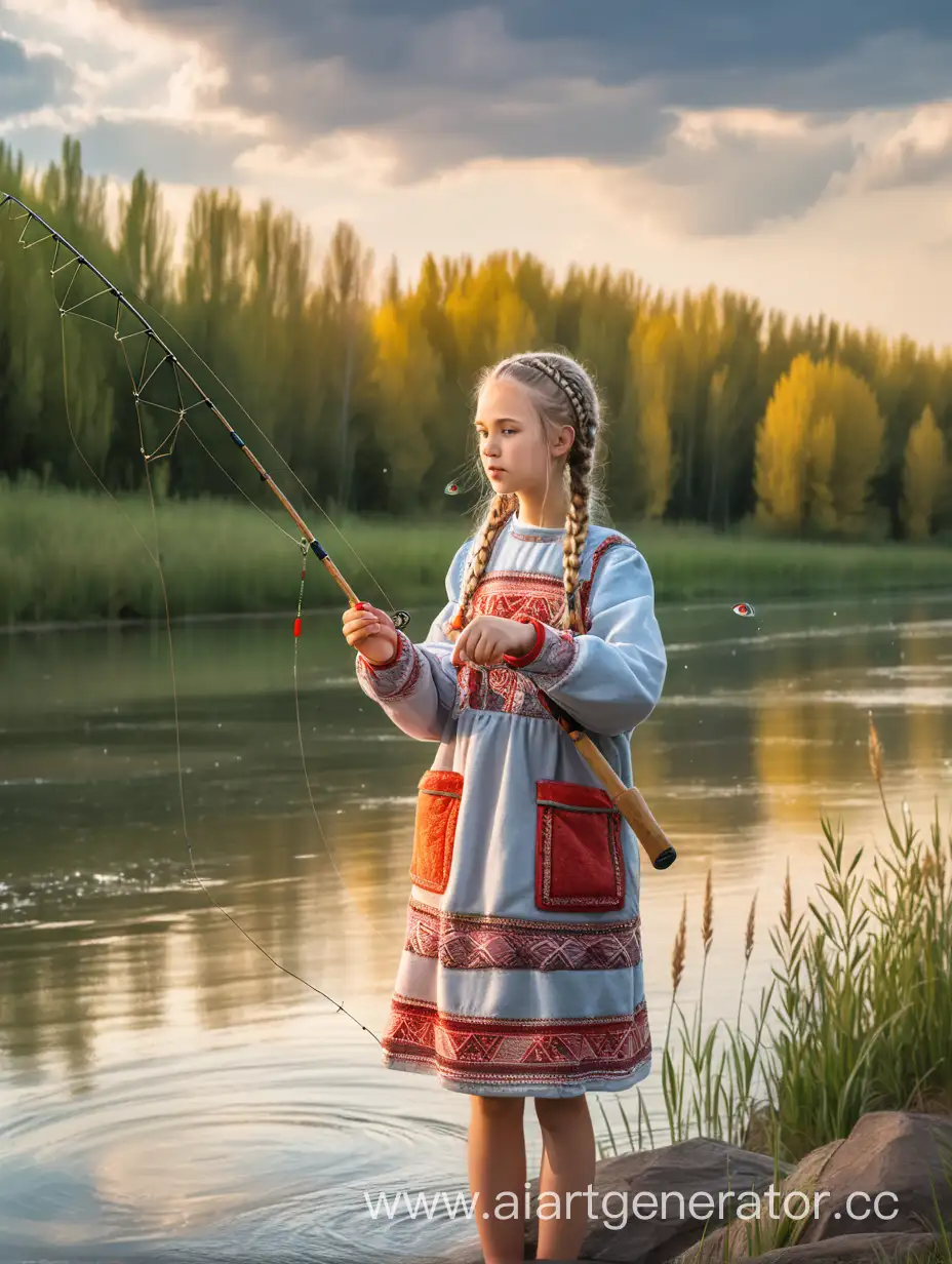 Russian-Girl-Fishing-by-the-River-in-Traditional-Attire