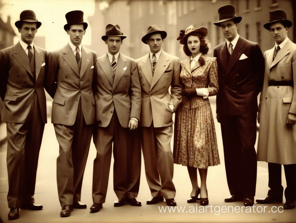 Старое фото где изображены 5 парней и 1 девушка возраста двадцати лет они одеты по Английской моде сороковых годов