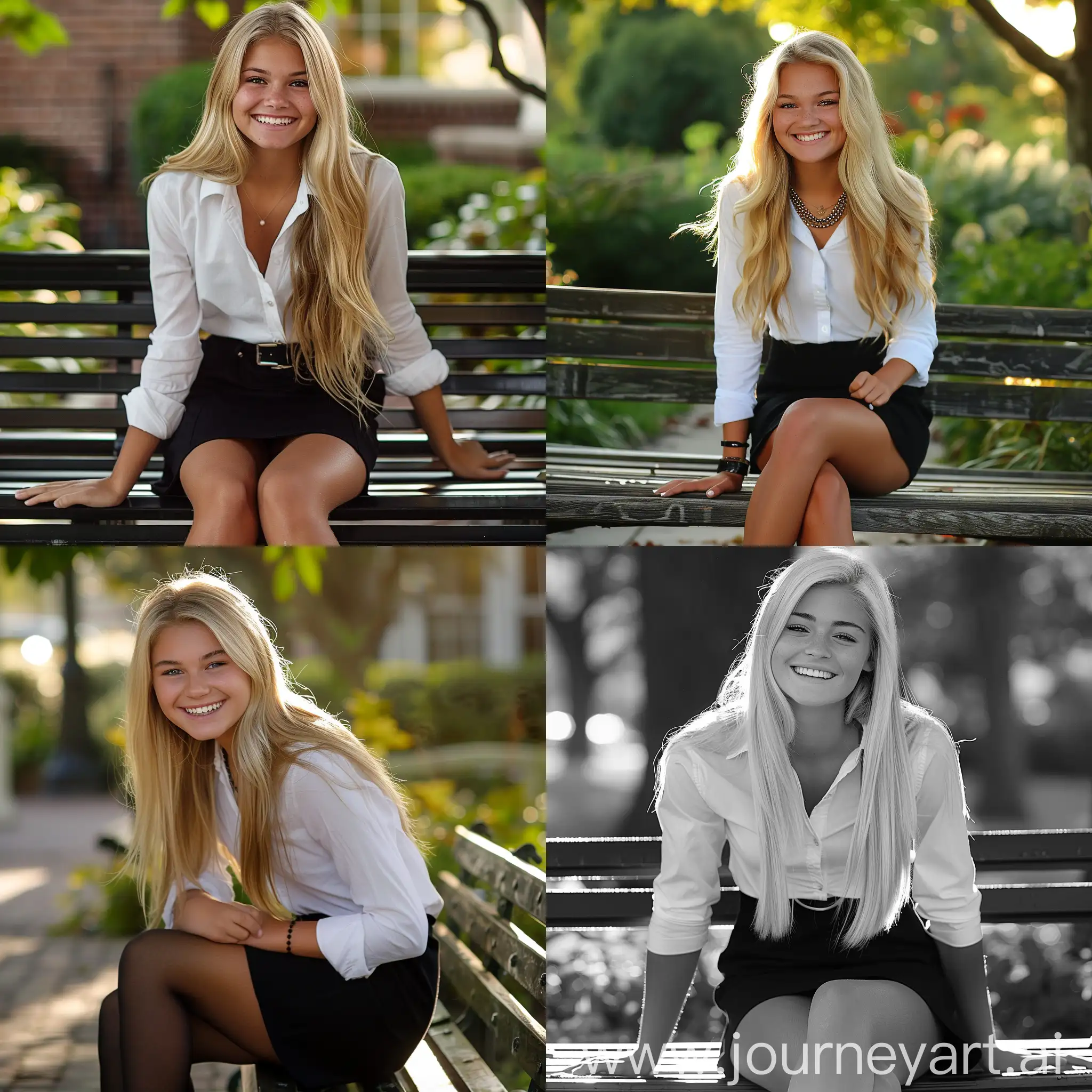 Cheerful-Blonde-Woman-in-Stylish-Attire-Sitting-on-a-Bench