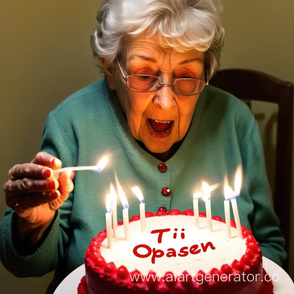 бабушка дует на круглый торт, на котором написано "ti opasen" и одна свечка