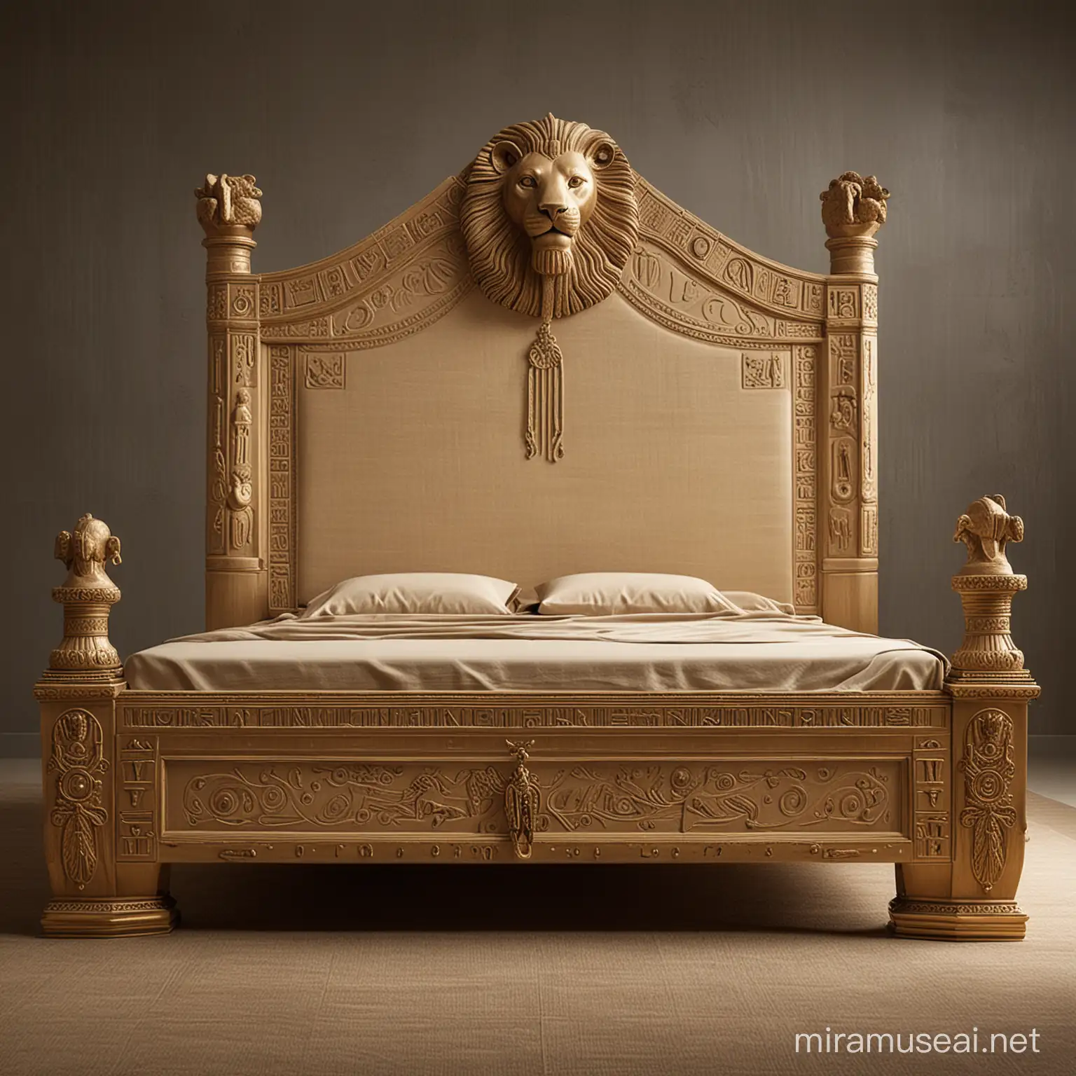 
A bed inspired by ancient Egyptian Pharaonic furniture. The back of the bed has royal decorations and the key to life, and its legs are in the shape of a lion’s head.
