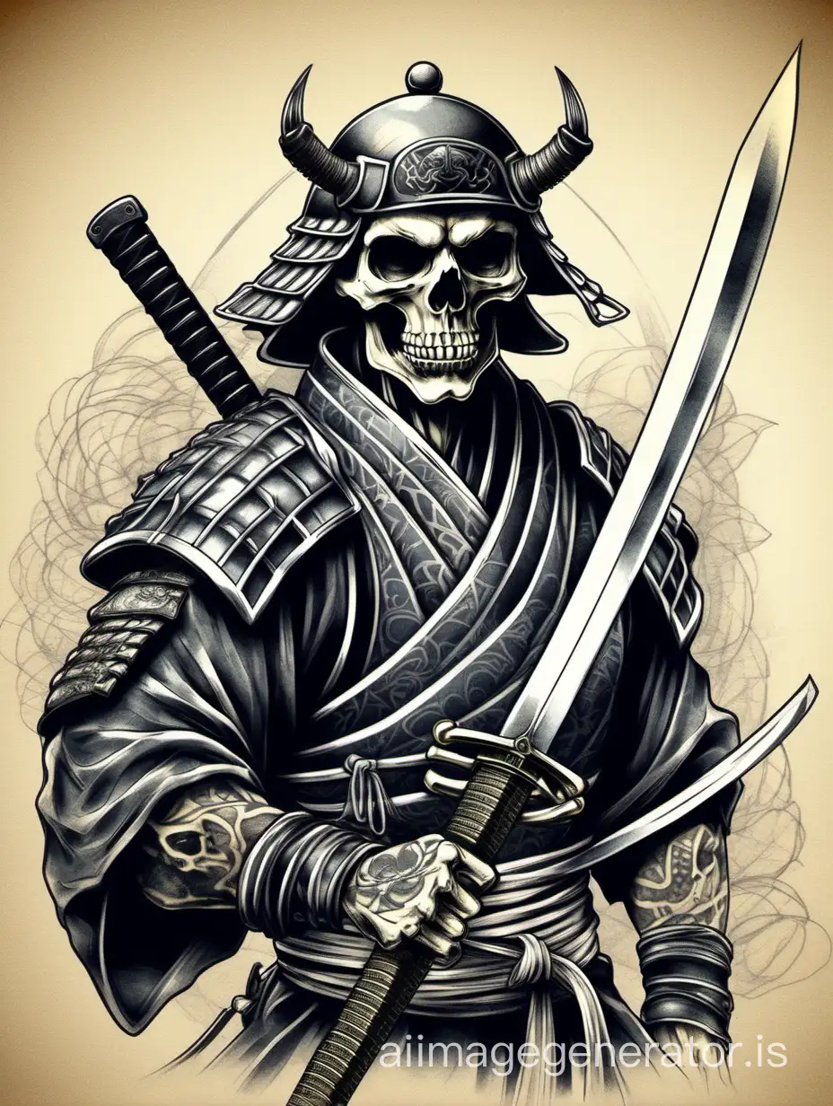 a sketch of a skull samurai holding a katana, tattoo style, gothic