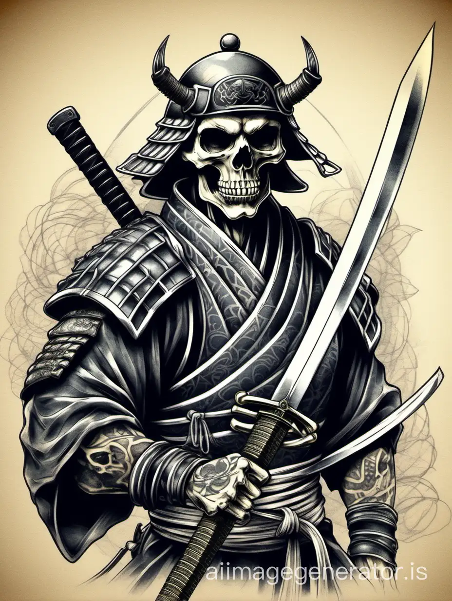 Gothic-Samurai-Skull-with-Katana-TattooStyle-Sketch