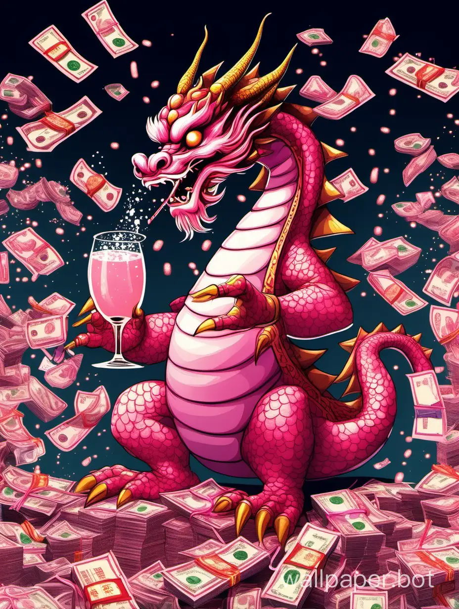 Pink-Chinese-Dragon-Counting-Wealth-with-Cocktail-and-Fireworks