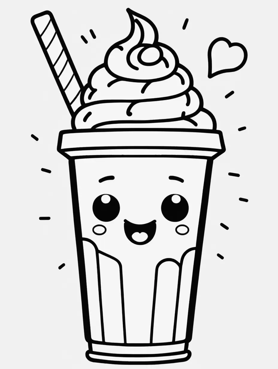 coloring book, cartoon drawing, clean black and white, single line, white background, large cute milkshake, emoji