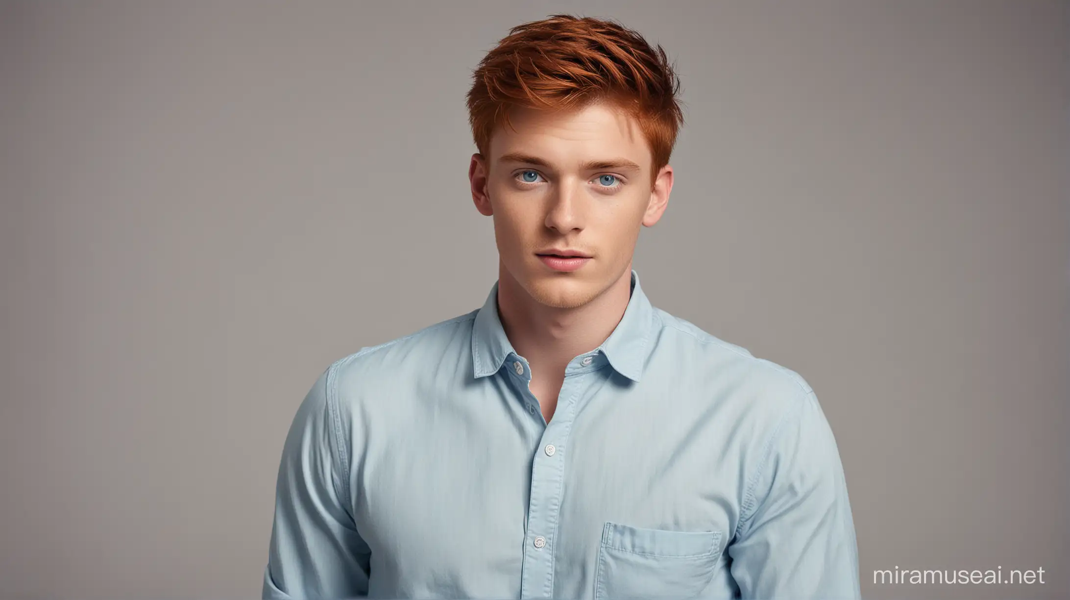 Red hair and blue eyes 25 years old boy wearing a long sleeve shirt with a trouser.