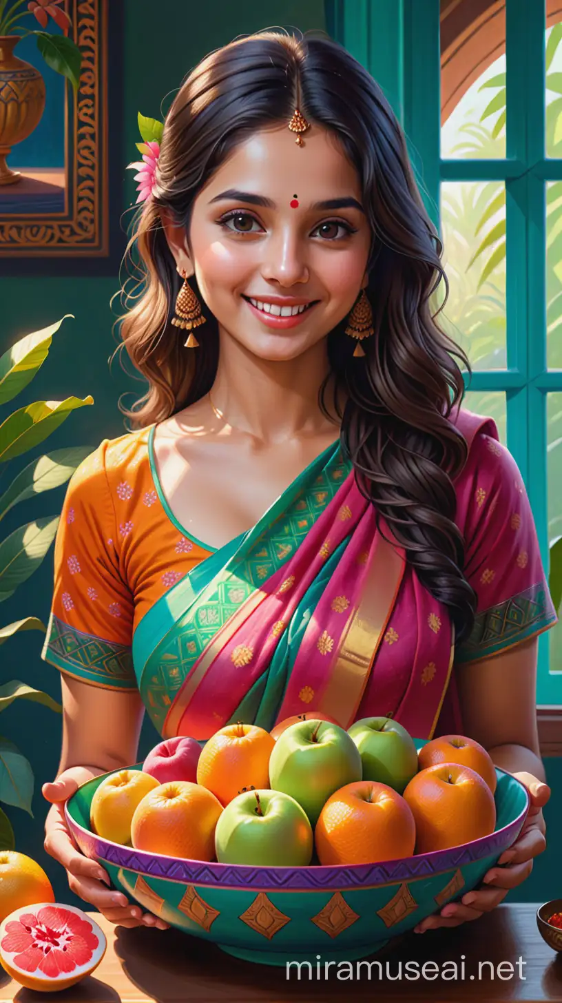 Joyful Woman Holding a Bowl of Fruit with Happy New Year Greeting
