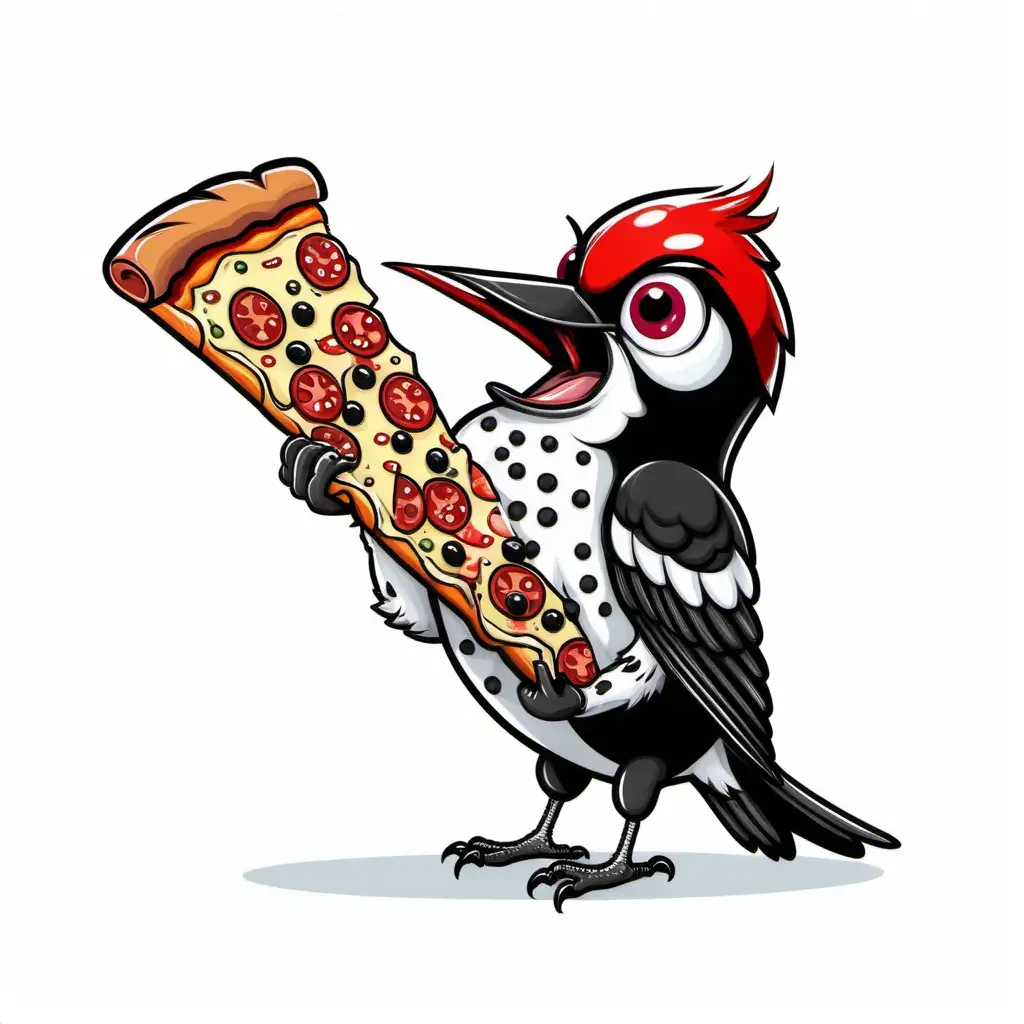 Cheerful Cartoon Rednaped Sapsucker Enjoying Pizza on a White Background