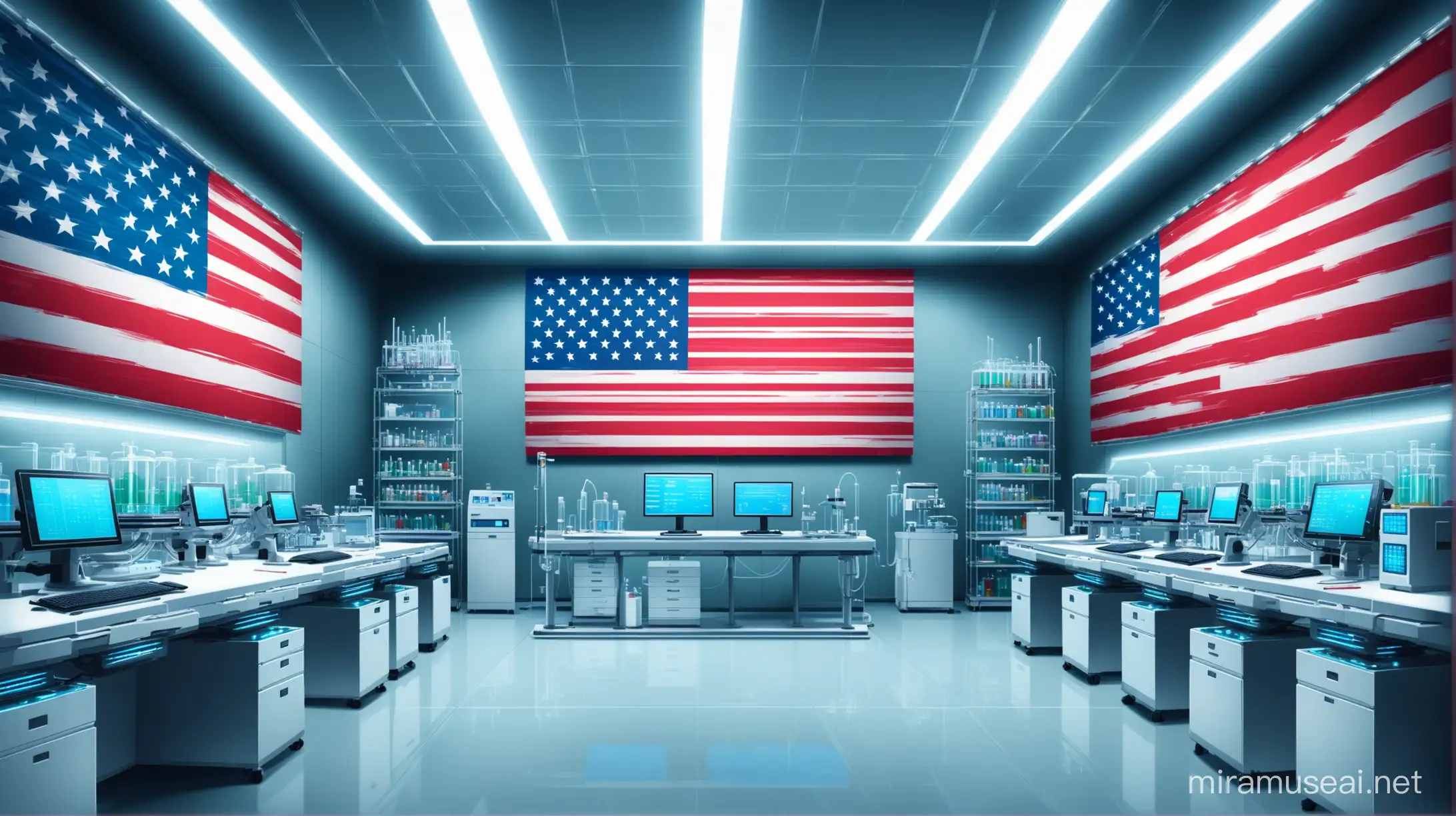 background. no people. lab.  clinical laboratory improvement. technology. futuristic. creative. fun. fantasy. magical. real USA flag. very detailed. lab. 
