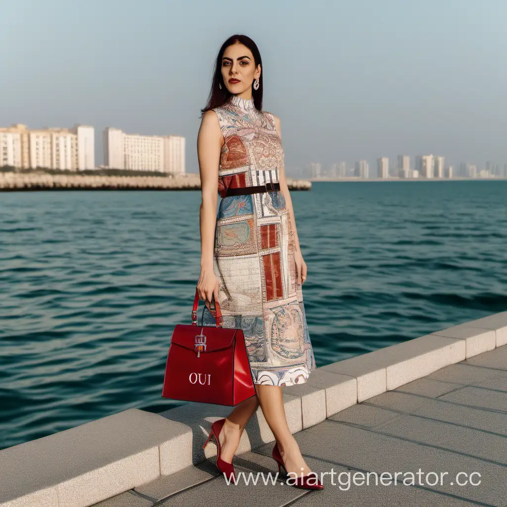 generate a digital creators working for oui marketing agency and wearing classy valentino dress and local design bag with jimmy co shoes with oui! marketing tags on th shores of caspian 
sea 

