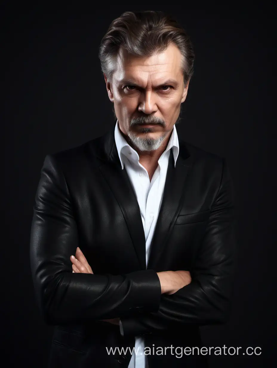 Русский Мужик 47 лет с красивой причёской в белой рубашке и чёрном пиджаке на тёмном фоне это фотосессия