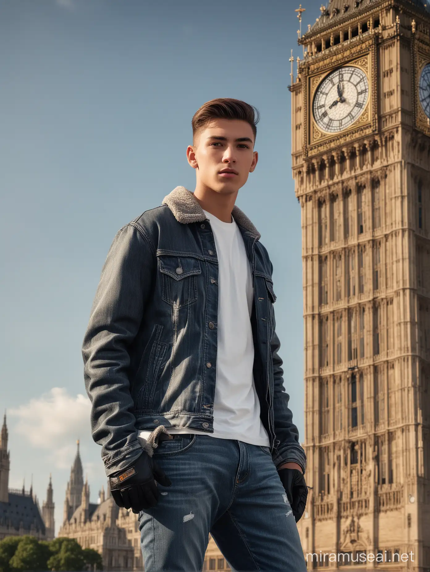 Handsome man,18 years old, clean face, underslipback hair, white t-shirt, jeans jacket, gloves, black jeans, Nike Jordan shoes. Standing in front of the bigben at morning, 800mm lens, realistic, hyperrealistic, photography, professional photography, immersive photography, ultra HD, very high quality, best quality, medium quality, HDR photo, focus photo, deep focus, very detailed, original photo , original photo, very sharp, nature photo, masterpiece, award winning, taken with hasselblad x2d