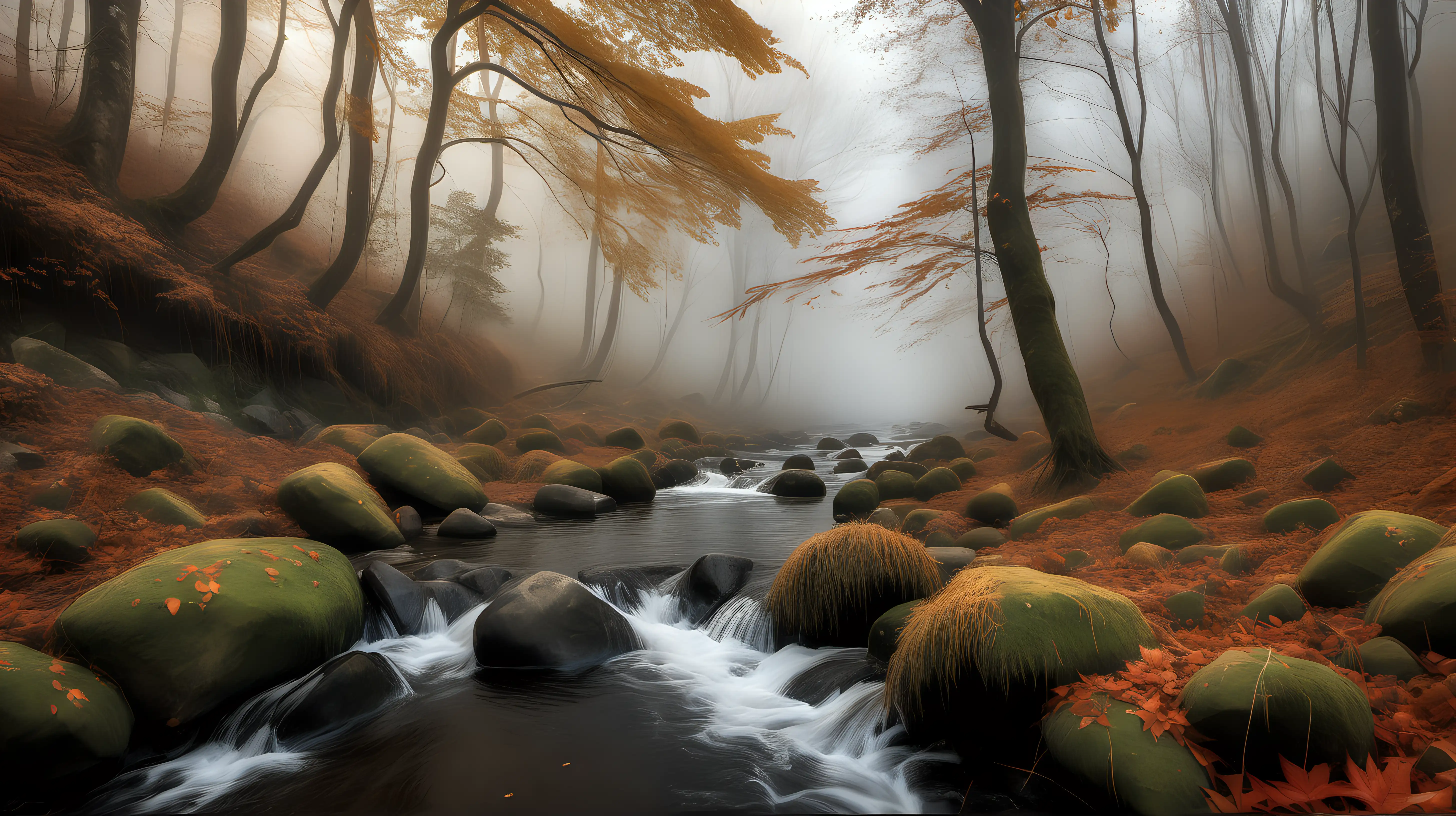 photograph of a natural landscape, scenic view, autumn, and nature-inspired design, stream thick forest, mist