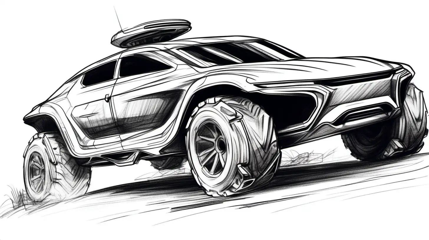 sketch silhouette of futuristic sedan off-road Car with pilot driving drawn with pencil, markers, white background
