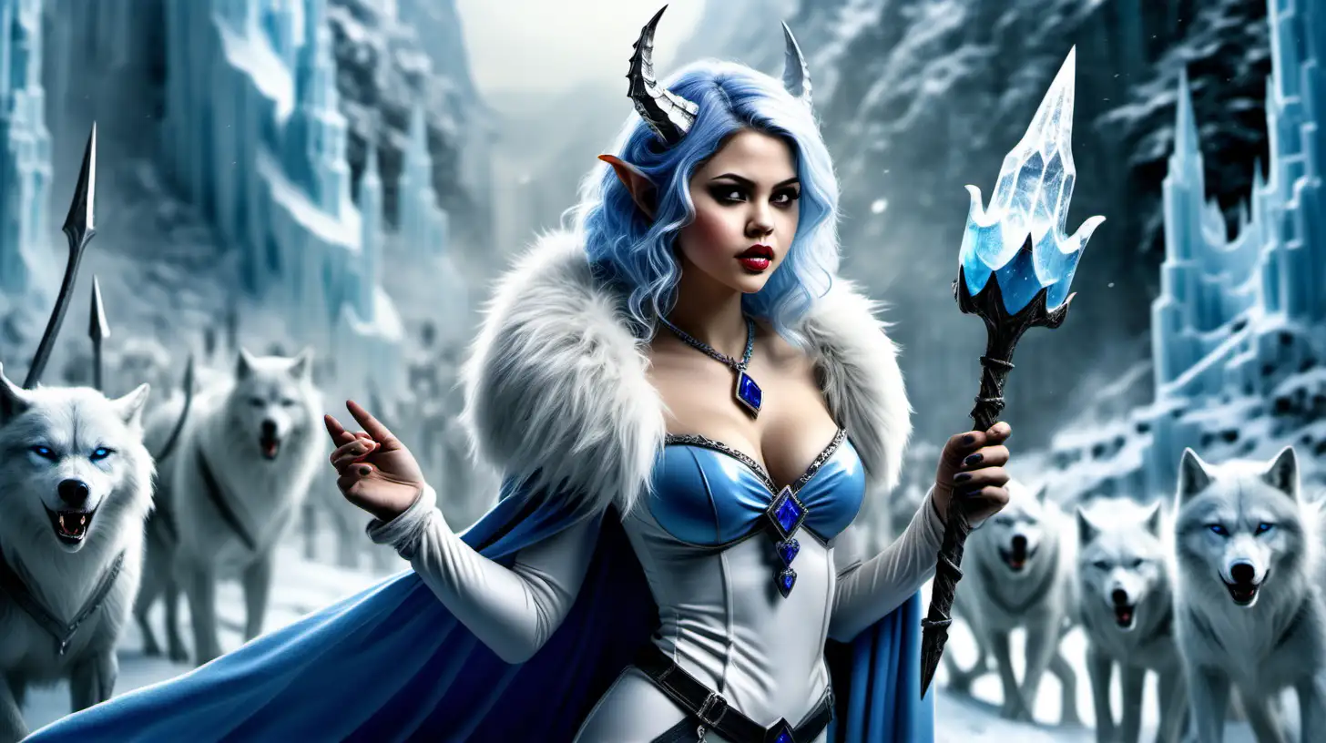 Beautiful voluptuous elf queen, snow white skin, pointy elf ears, long light blue windblown hair, small icicle horns, sapphire necklace, low-cut fur-lined clothes, looks like selena gomez, age 30 years, fantasy style, holding an icicle spear, leading an army of draugr warriors, white dire wolf, ice palace background, birds-eye view, zoomed out, photography